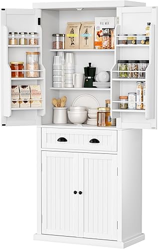 Armario de almacenamiento de despensa de cocina de 72 pulgadas con puertas y estantes, armario de 72 pulgadas de alto independiente de lino, 4