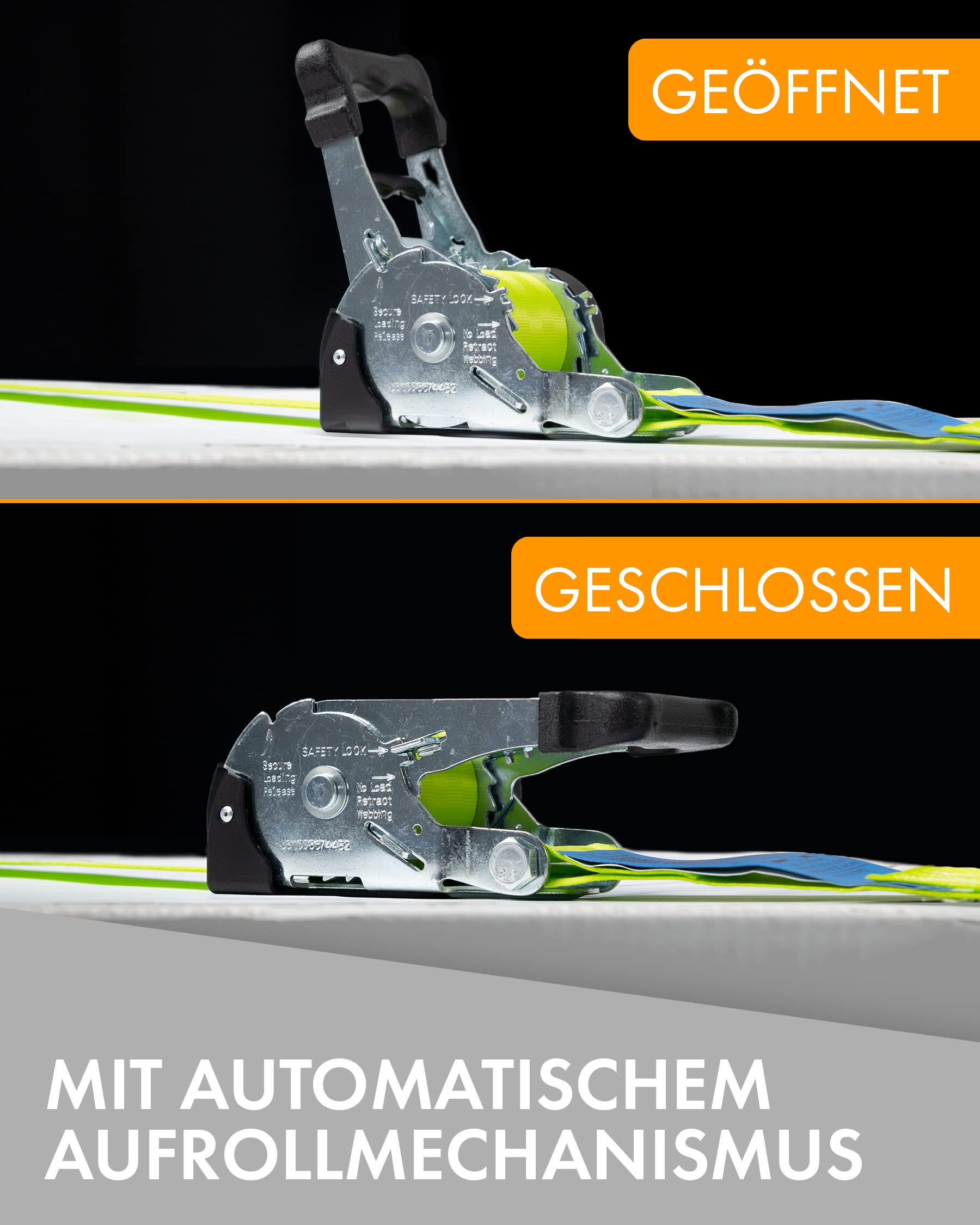SHZ 4 x Automatik Spanngurt 3m - Spanngurt mit Ratsche - Automatischer Zurrgurt - Gepäckspanner mit Spitzhaken - Zurrkapazität LC 750 dan (direkt) / 1500 daN 3,0m x 50mm (11)