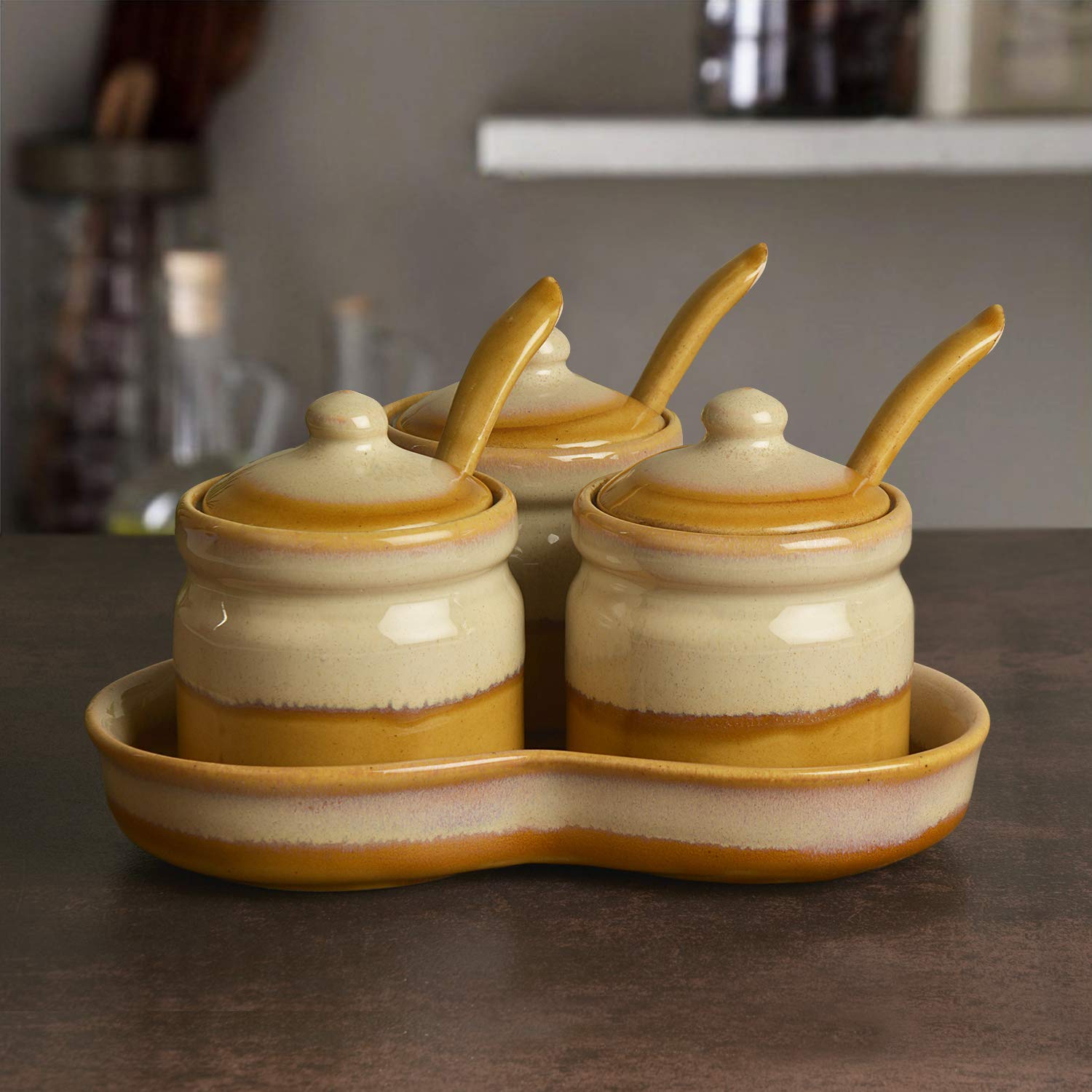 StyleMyWay Studio Pottery Dual Tone Ceramic Pickle Serving Jar Set with Spoon and Tray (Set of 3, Beige and Sand Yellow) | Condiment Set | Pickle Jar Set for Dining Table | Masala Container