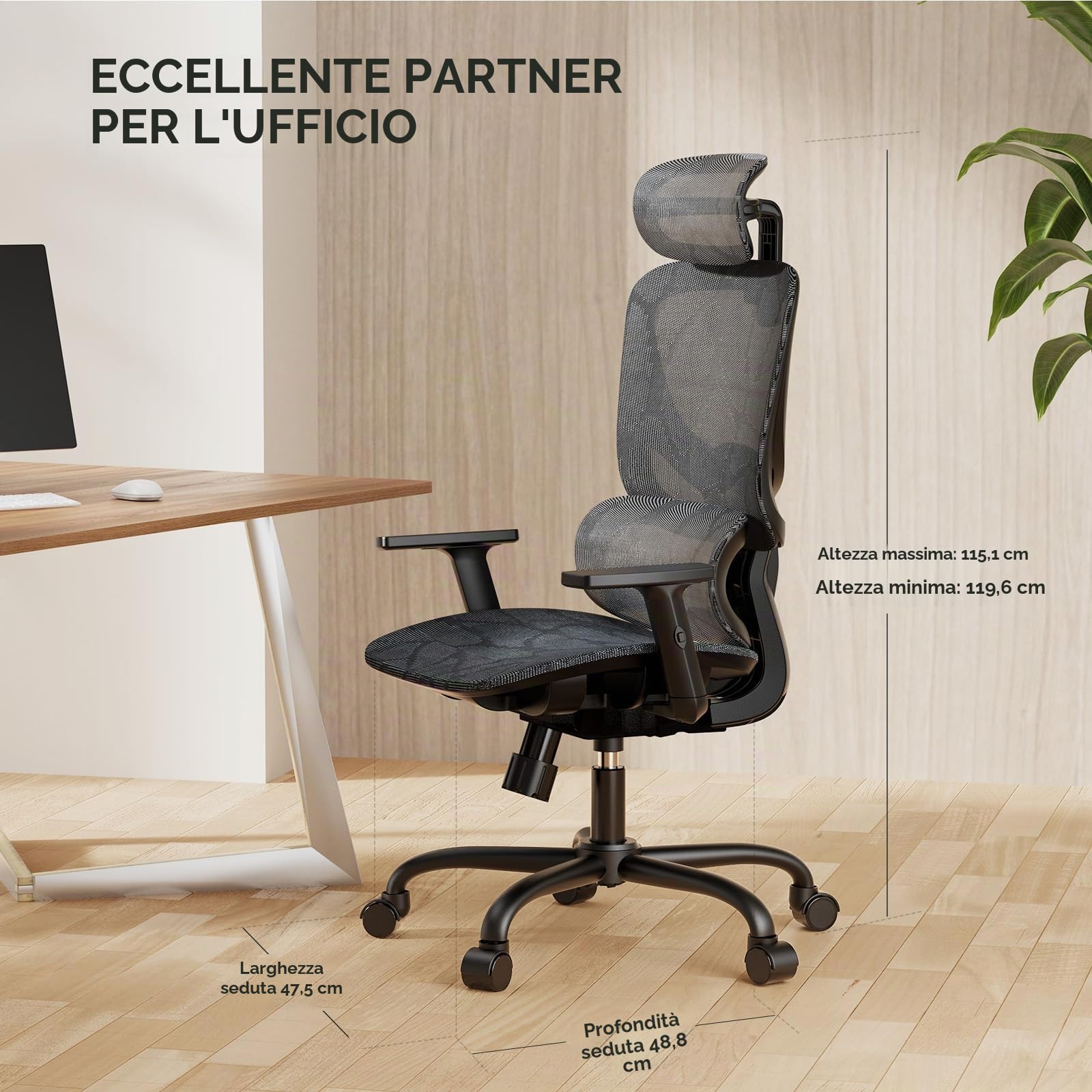 NOBLEWELL - Sedia da ufficio ergonomica con schienale alto, sedia da ufficio in rete con supporto lombare, braccioli 3D, doppio schienale e poggiatesta regolabile