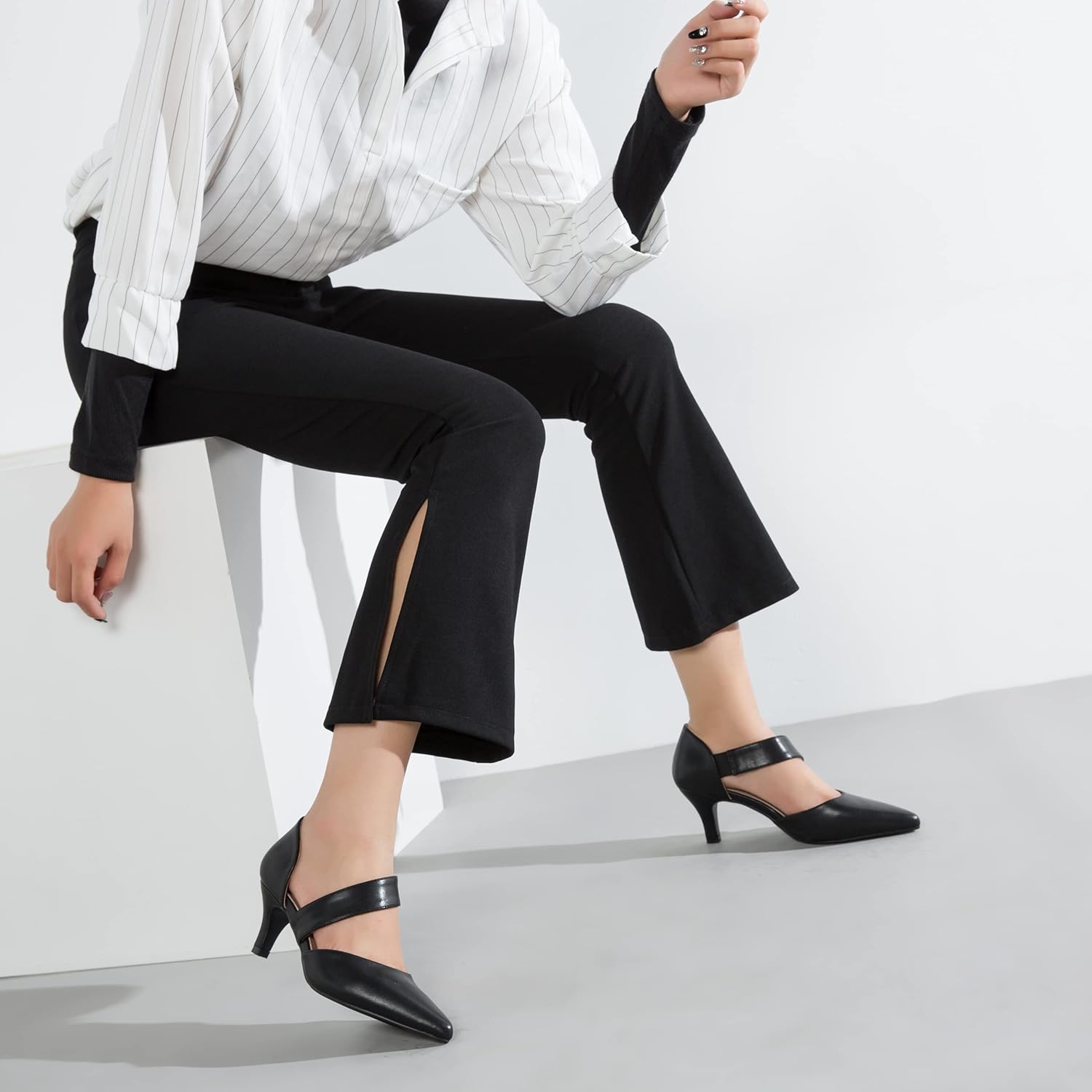 Women's Pointed Toe Kitten Heel Pumps, Elastic Strap Dress Shoes, Slip On Professional Office Wear - Image 2