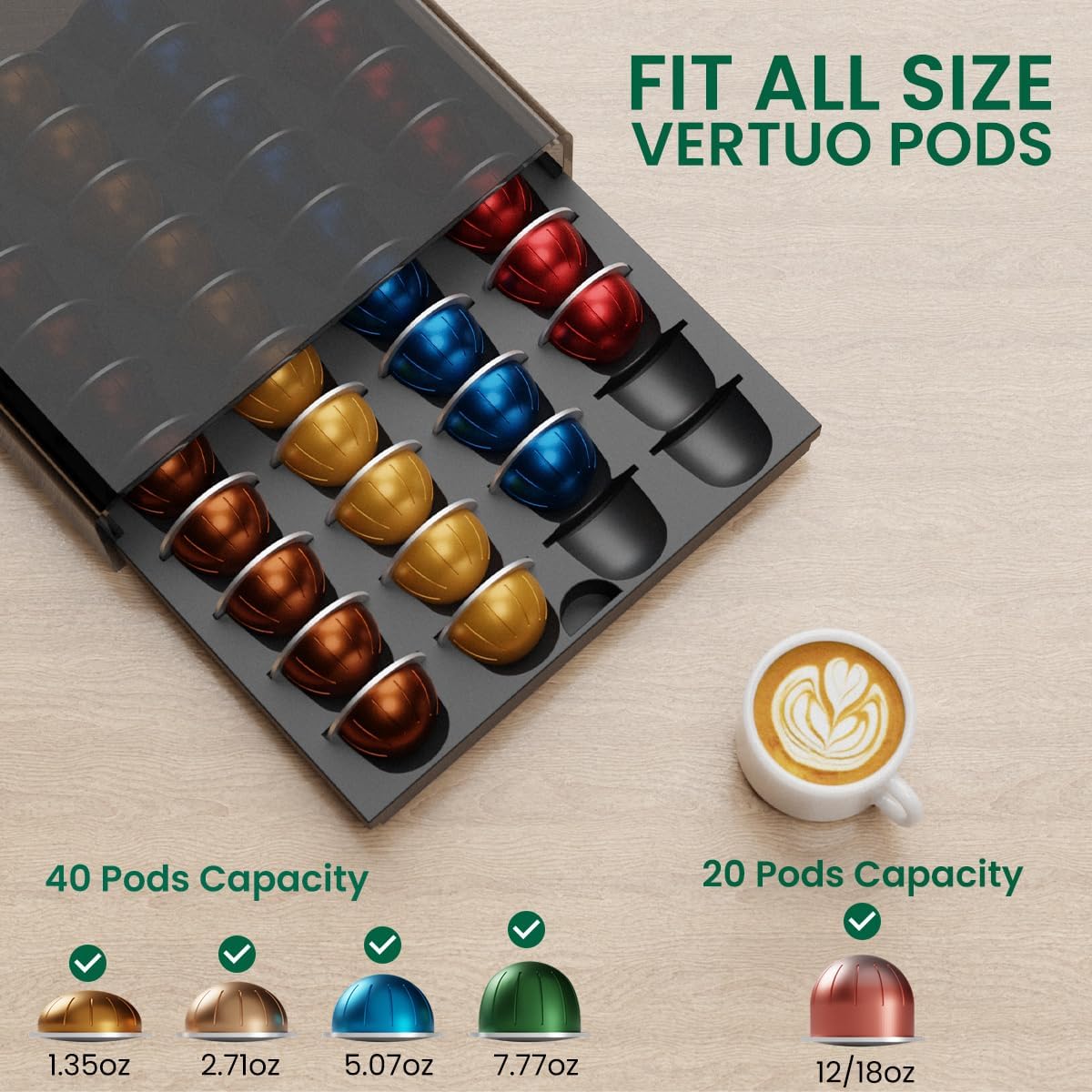 Coffee Pods Storage for Nespresso Vertuo Capsules Organizer, with Arcylic Top & Plastic Drawer, Holds 40 Pods