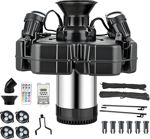 Pond Fountain with 110V 3/4HP Lights, RGB Lighting with 9 Adjustable Modes Timer | 12000 GPH 100FT Power Cord - Suitable for Large Ponds, Lakes, and Outdoor Water Features (Four Lights（1HP）)