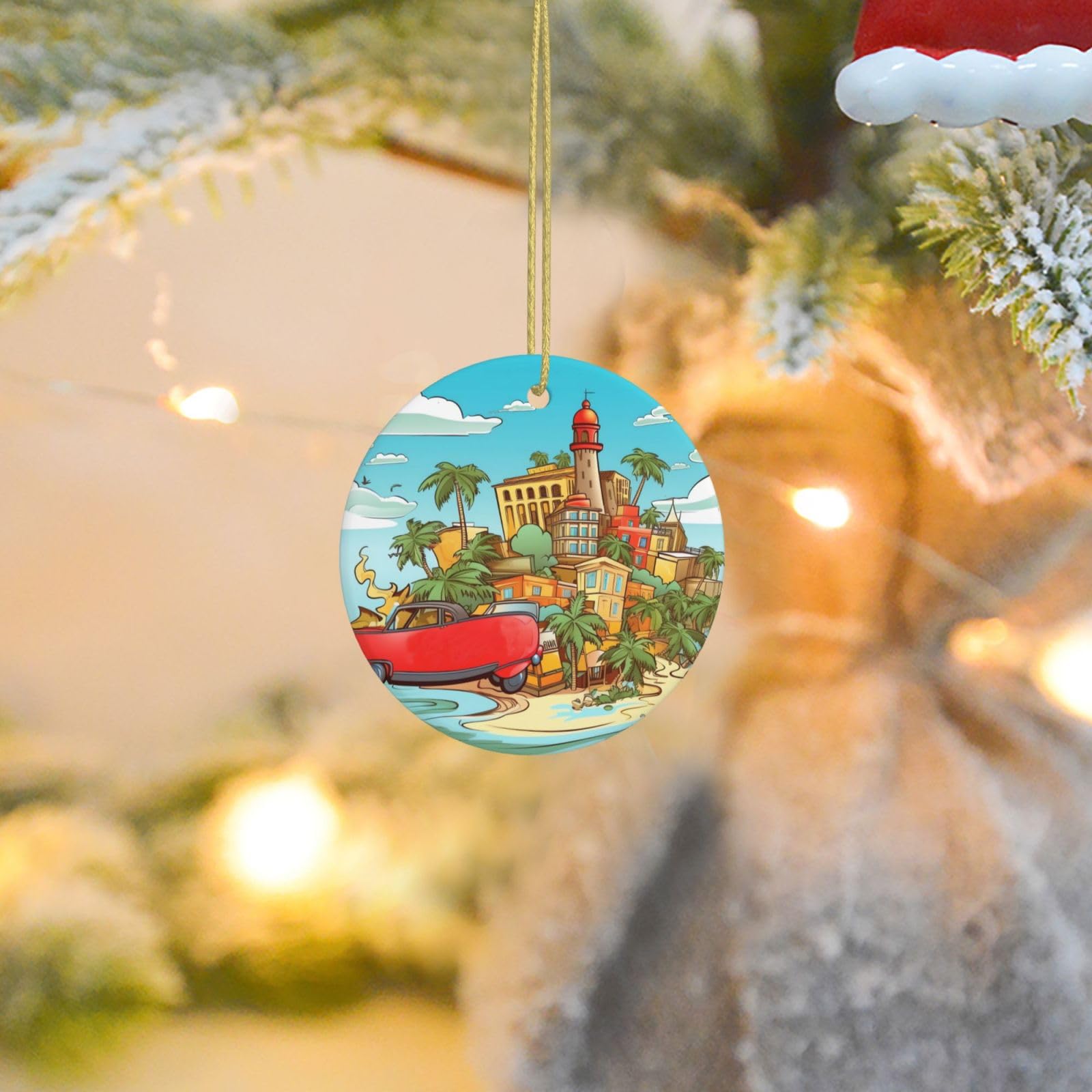 Christmas Tree Ornaments Ceramics Christmas Round Decorations Island of Cuba Ceramics Ornaments Circle Pentagram Xmas Tree Hanging Pendant for Christmas Tree Party Holiday Home Decor