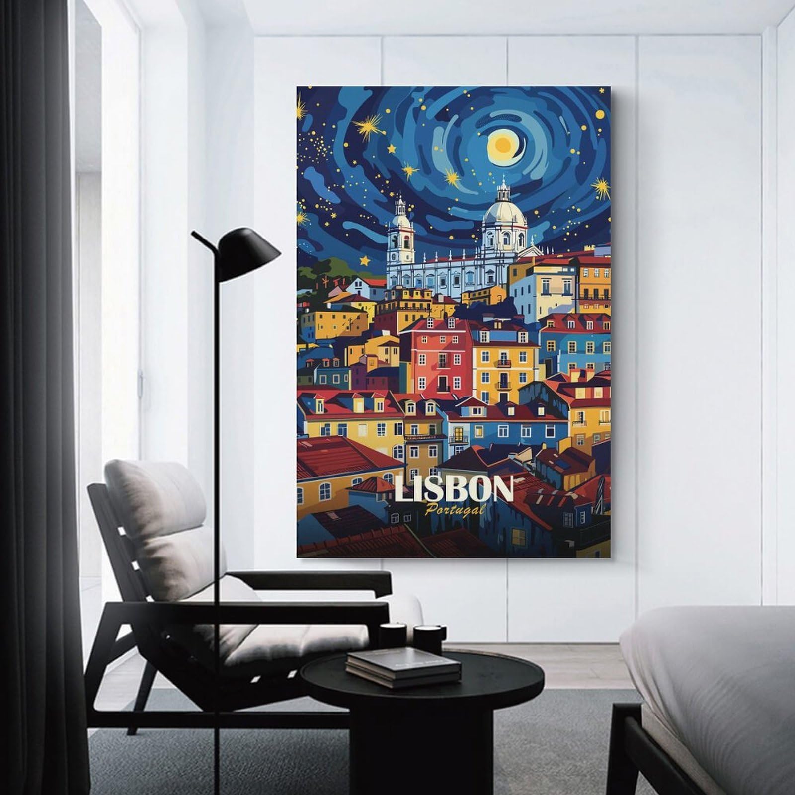 Junmoney Lisbon Portugal Nightscape Art Wall Art Print 12x18inch(30x45cm), for Hallway, Entryway Or Landing, A Neat Decor Update for Hallways, for Everyday Interiors
