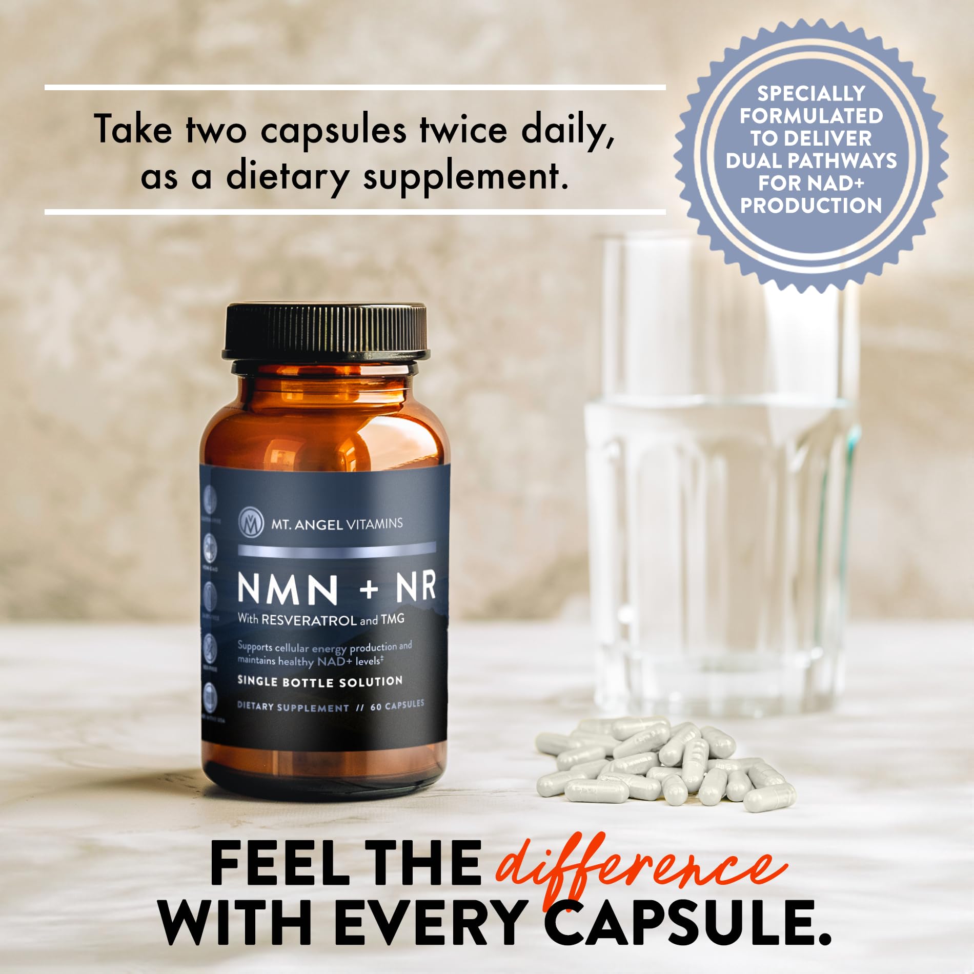 Mt. Angel Vitamins NMN Supplement + NR with Resveratrol & TMG, Dual NAD+ Precursors for Cellular Energy & Healthy Aging, 60 Capsules — Amazon image 6