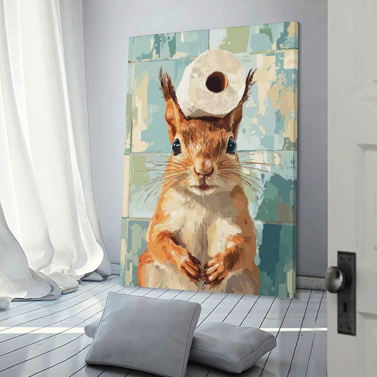 Junmoney Frame-Style-20-1 Canvas Wall Art Squirrel With Toilet Paper Hat, 20X30inch(50X75cm), For New Homes, Bedrooms Or Workspaces, Canvas Artwork With Gifting Potential