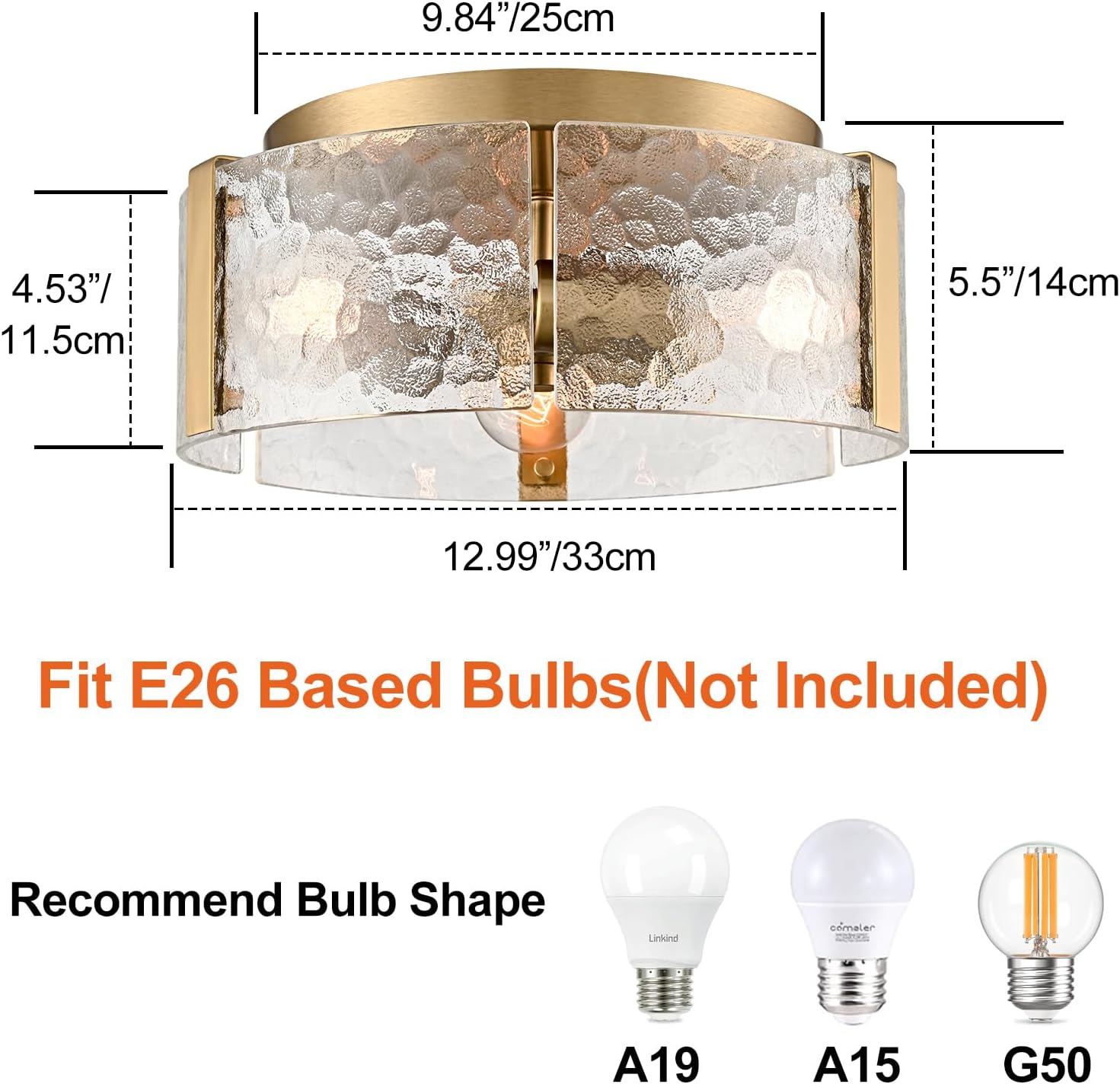 CLAXY Modern Gold Ceiling Light,3-Light Flush Mount Fixture with Hand-Crafted Textured Glass Drum Shade Dimmable Ceiling Lights for Hallway Foyer Entryway Bedroom Kitchen Dining Room Living Room