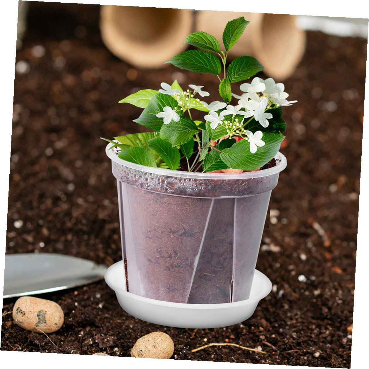 24pcs Plant Nursery Pots with Drainage Holes and Saucers, Two Sizes (12pcs 12x10.4cm + 12pcs 14.8x13cm), Breathable Orchid and Flower Starter Containers for Indoor and Outdoor