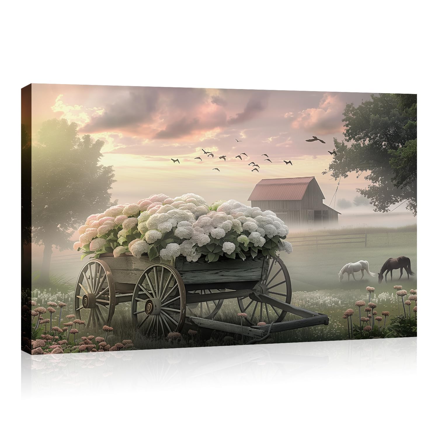 BOSKMS Canvas Picture Farm Morning Mood Flower Carriage Hydrangea Horses Mist Landscape Wall Decoration Living Room Bedroom Art Print Poster Decoration (50 x 70 cm, No Frame)