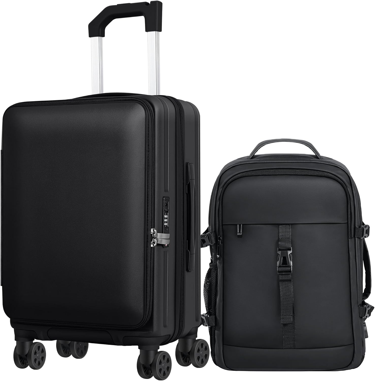 Carry-On Luggage Front Opening 20-inch Suitcase with TSA Lock PC Hardside Rolling Luggage Travel Suitcase, Small Hardside Expandable Luggage with Spinner Wheels (Black)