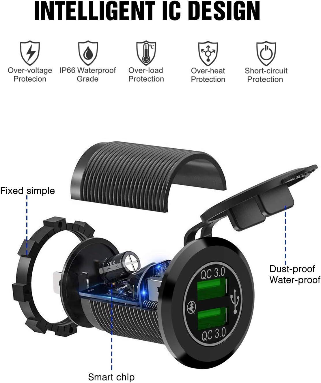 Nilight - 90103A Dual USB Port QC 3.0 Fast Charging Hubs USB Charger Socket Power Outlet 2.1A & 2.1A x2 for Car Boat Marine RV Mobile with Wire Fuse DIY Kit with Lightly Blue LED, 2 years Warranty