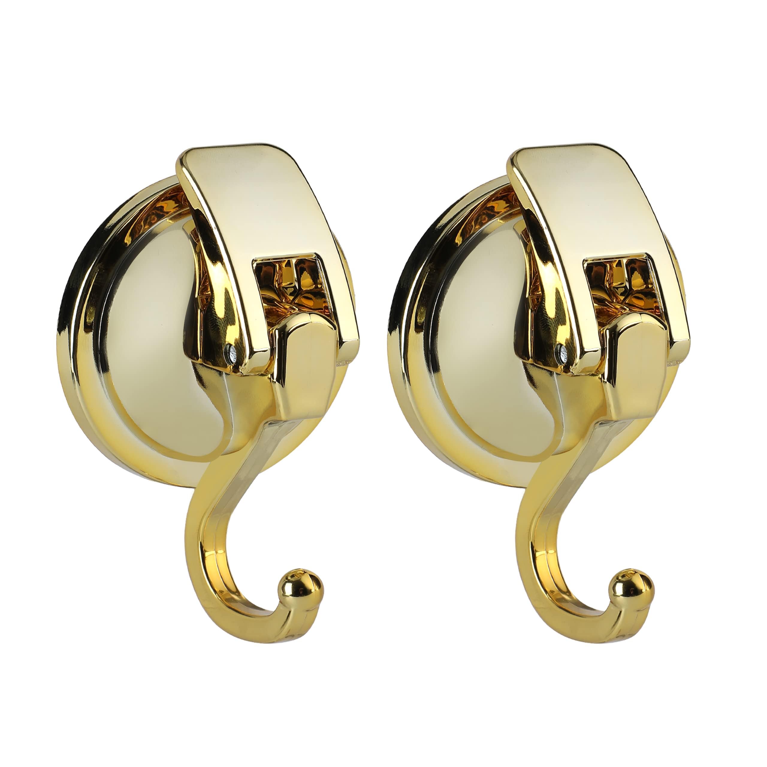 Heavy Duty Vacuum Suction Cup Hooks, Gold Plated Polished Super Suction for Kitchen Bathroom, 2 Pack