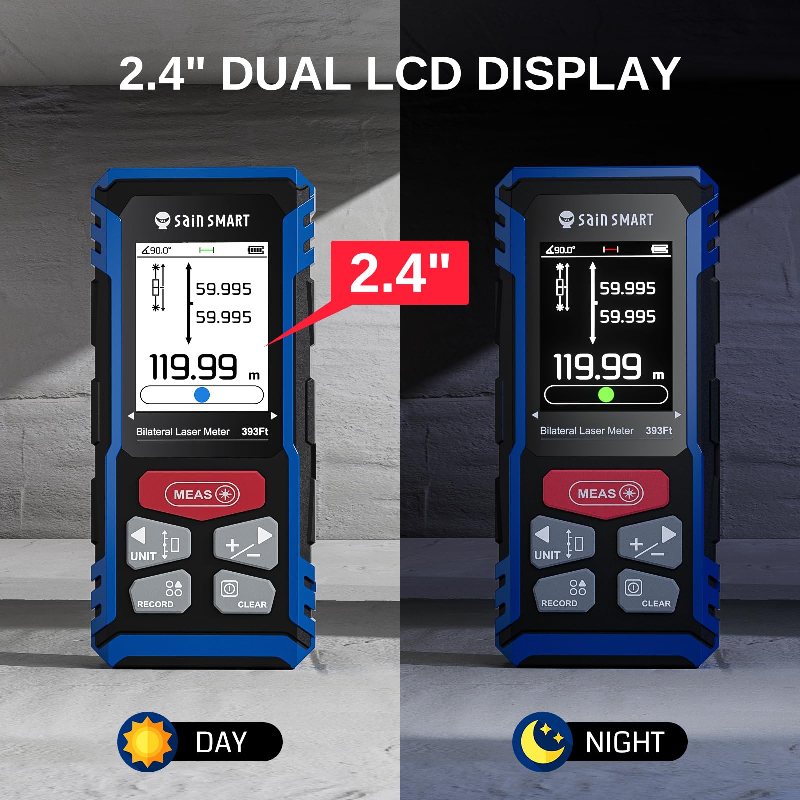 Strumento di misurazione laser doppio SainSmart, misuratore di distanza bilaterale ricaricabile da 120 metri con LCD retroilluminato, sensore di lunghezza/area/volume/angolo