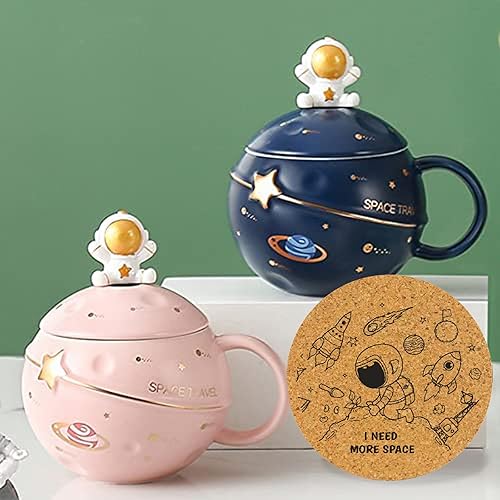 Miniatura 7 de Taza Kawaii de astronauta con diseño de planeta en relieve, bonita taza de café de cerámica, taza novedosa con tapa y cuchara para café, té, leche