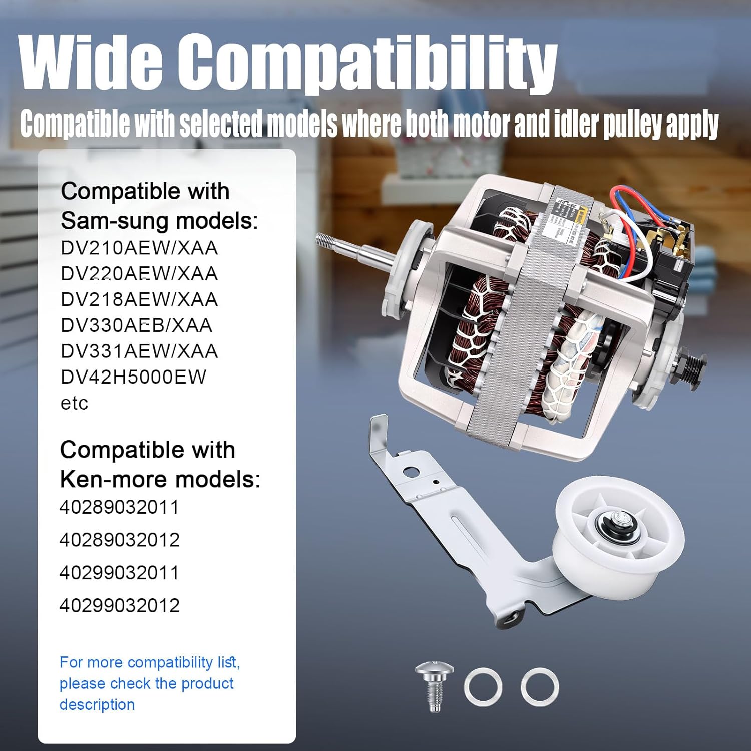 DC31-00055G Dryer Induction Motor & DC93-00634A Idler Pulley Kit, Compatible with Sam-Sung Ken-More Dryers, Repair Kit Replaces DC31-00055H AP5331095 Motor & AP6038887 DC61-01230B Idler Pulley