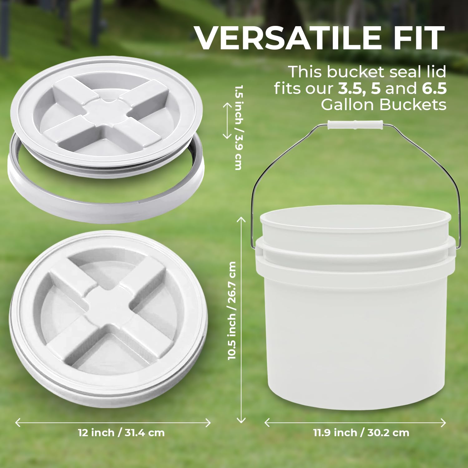 3.5-Gallon White Bucket Pail with Gamma Seal Screw on Airtight Lid, Heavy-Duty 90MIL Extra Durable, Food Grade, Metal Handles with Plastic Grip for Easy Carrying, Easy Stack & Store, BPA Free - 5 Pack