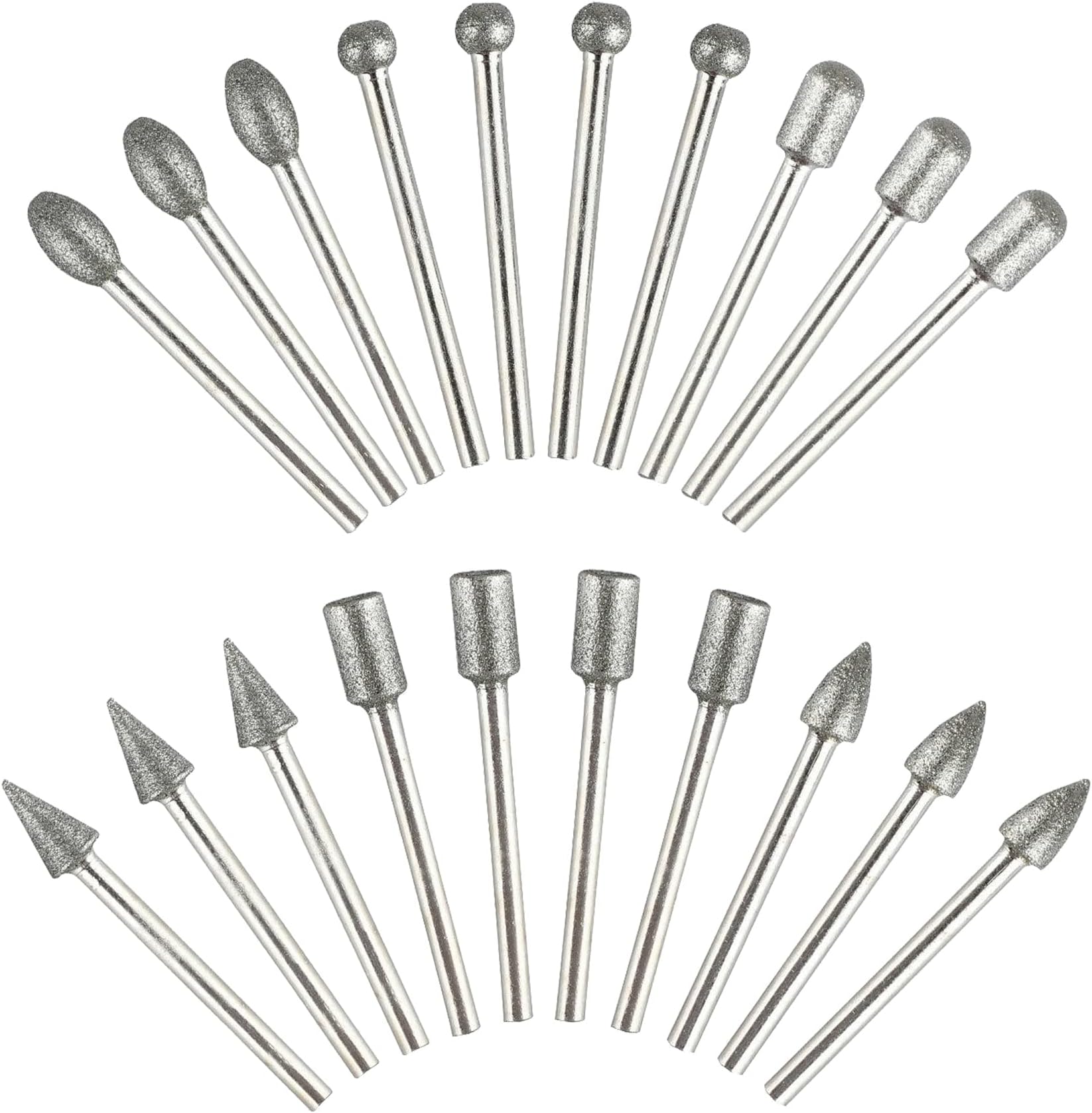 KEWAYO 20 Pieces Diamond Grinding Bits Set, 3mm Shank Diamond Rotary Burrs, Grinding Drill Carving Rotary Tool, for Stone Carving, DIY Grinding and Polishing