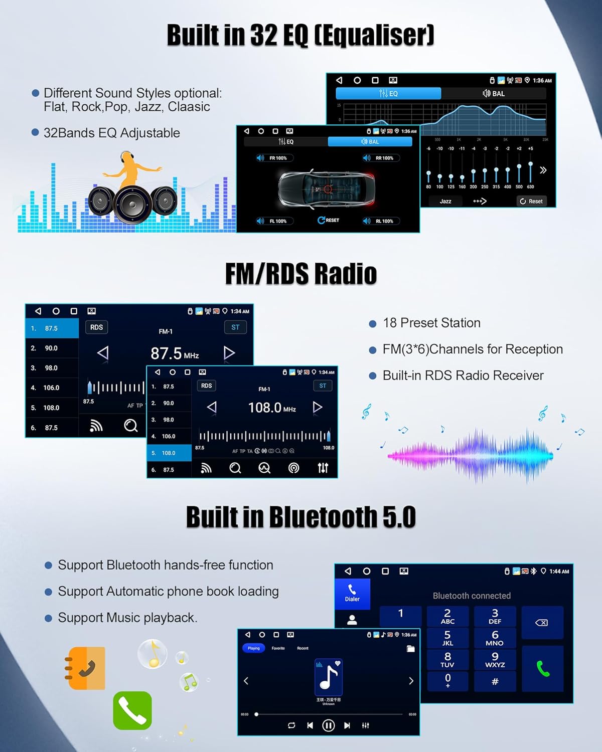 Image showing the car radio display with the Bluetooth interface, including options for dialing, contacts, call logs, and music playback, next to a phone call screen.