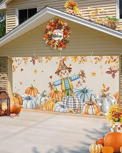 Miniatura 4 de Pancarta para puerta de garaje de Acción de Gracias, 7 x 8 pies, diseño de espantapájaros, calabaza, hojas de arce, lino, decoración de puerta de