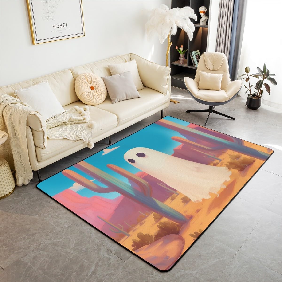 Manfei Cute Ghost Kids Area Rug Wild West Cactus Floor Mats Rugs for Boys Teens Room Decor, Halloween Theme Decorative Rug for Living Room, Absorbent Carpets, 3'x5'