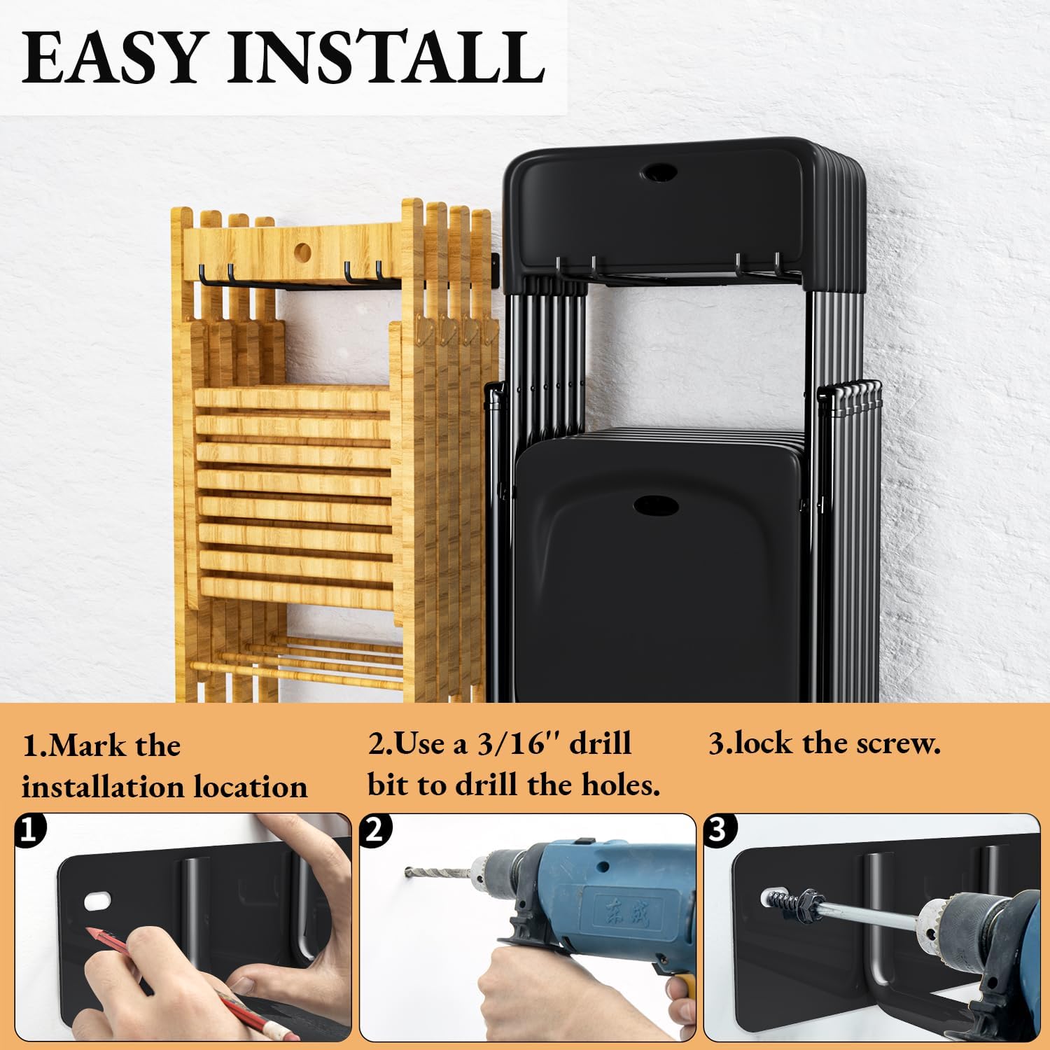 Garage Tool Organizer Wall Mount, Garden Tool Hanger for Garage Organization, Heavy Duty Folding Chair Storage Rack Holds 240 lbs - 2 Pack - Image 5