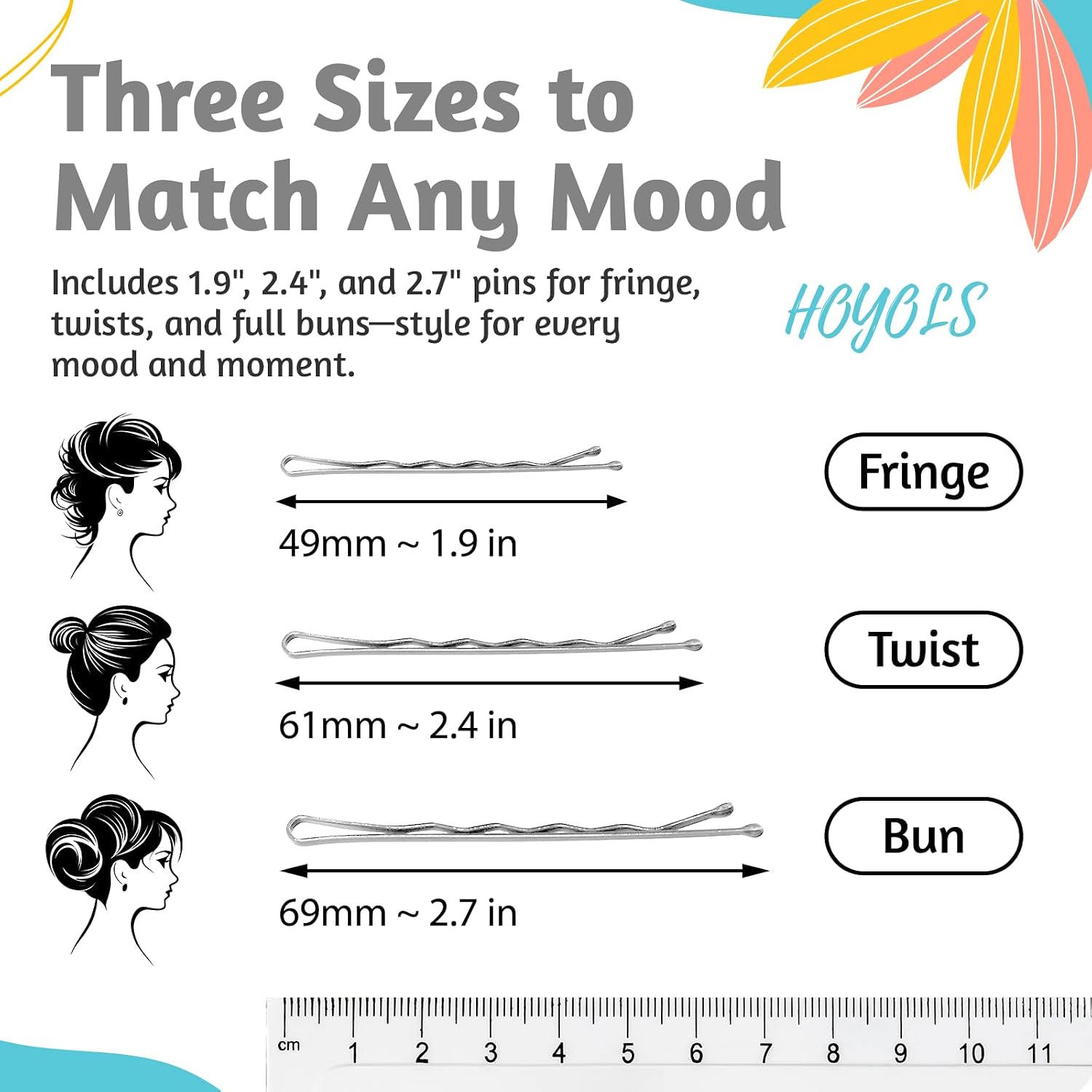 HOYOLS 150Pcs Bright Silver Bobby Pins for Women Girls, 3 Assorted Sizes Small Long Easy Glide Non-Slip Hair Pins for Buns Updos Thick Fine Hair, 1.9", 2.4", 2.7"