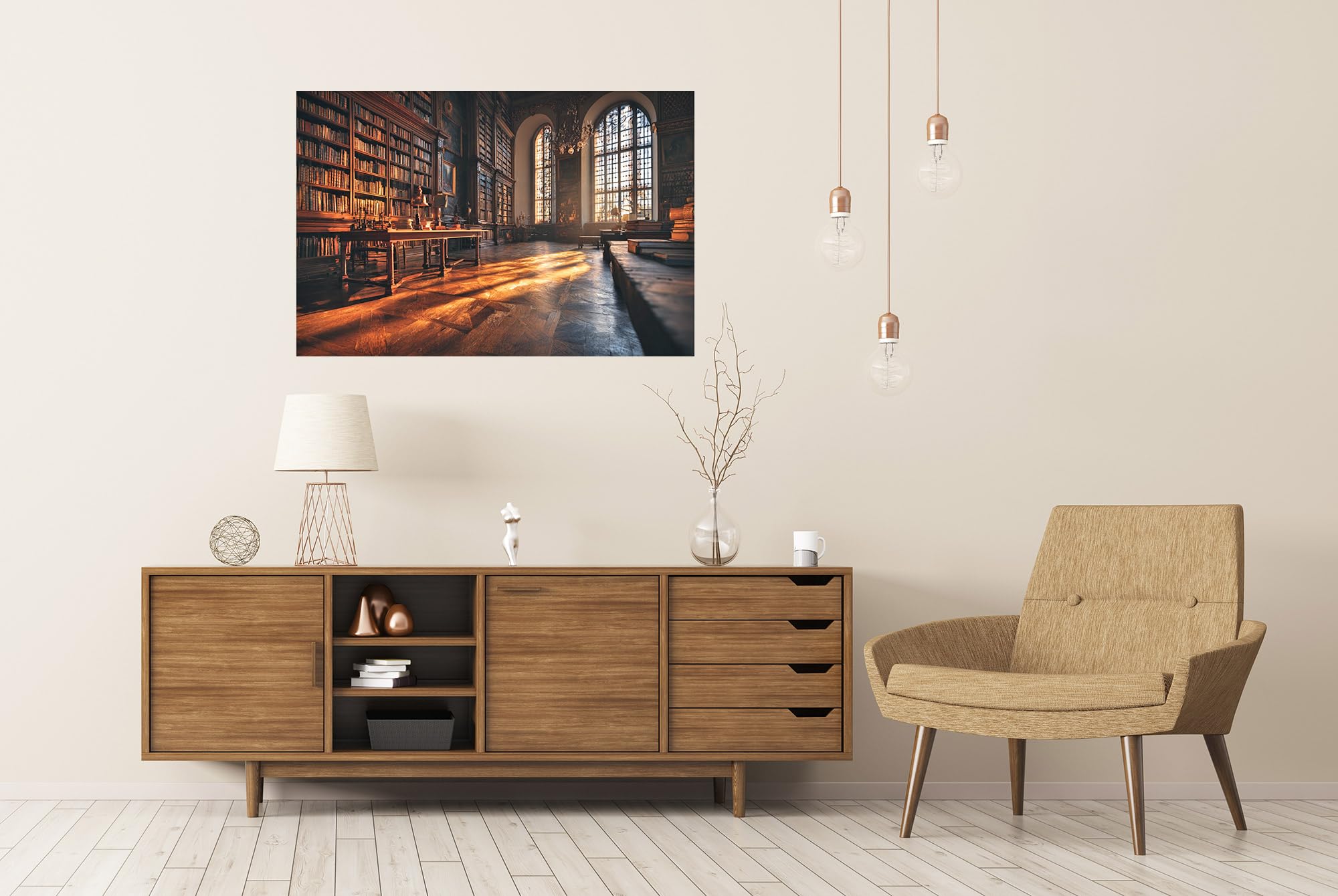 islandburner Poster de qualité supérieure - Bibliothèque vintage avec lumière chaude et meubles anciens - Grand format