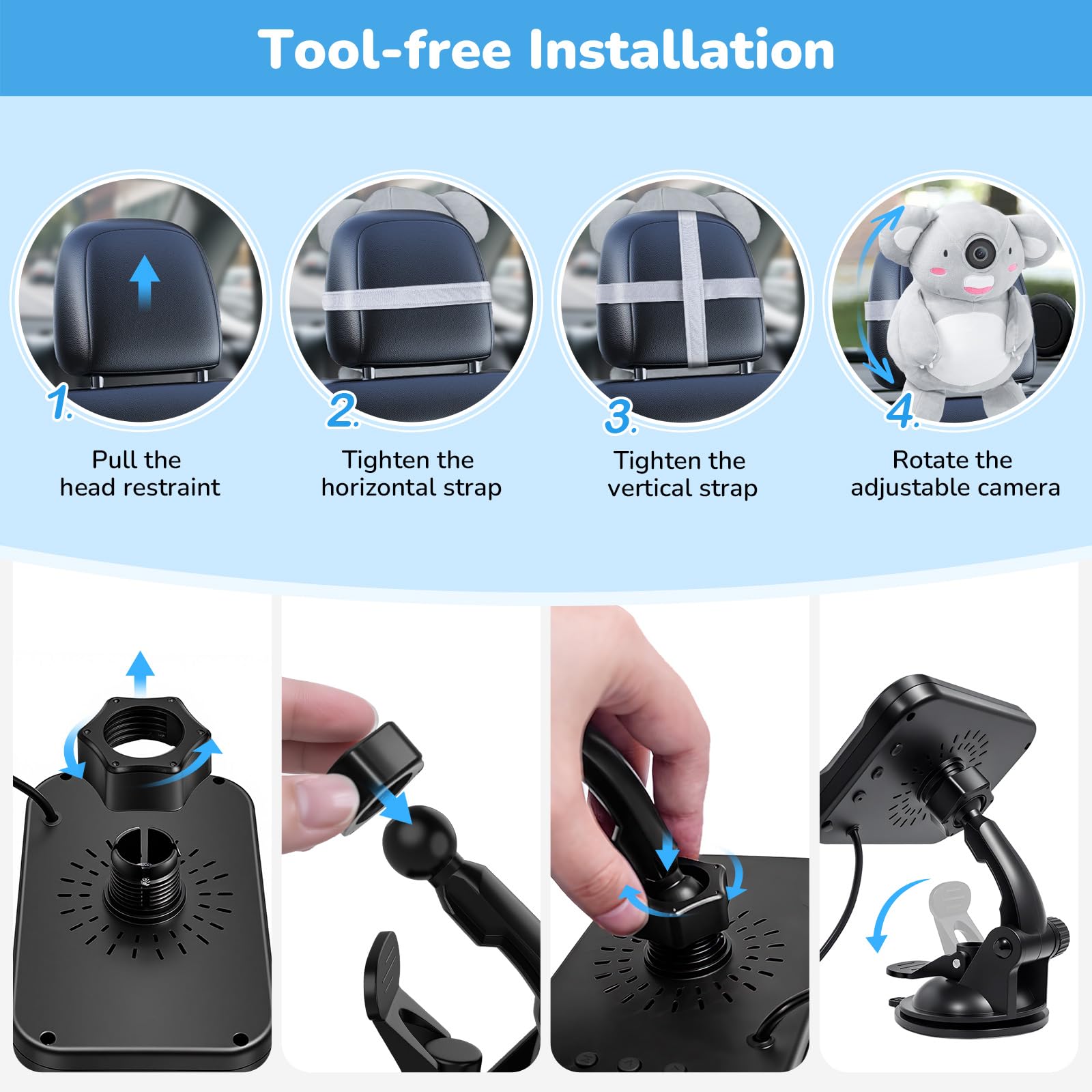 Caméra de voiture pour bébé avec vision nocturne HD 1080P Koala pour garder votre bébé en sécurité et sourire, caméra arrière pour enfants, nouveau-nés, animaux domestiques ACZ439