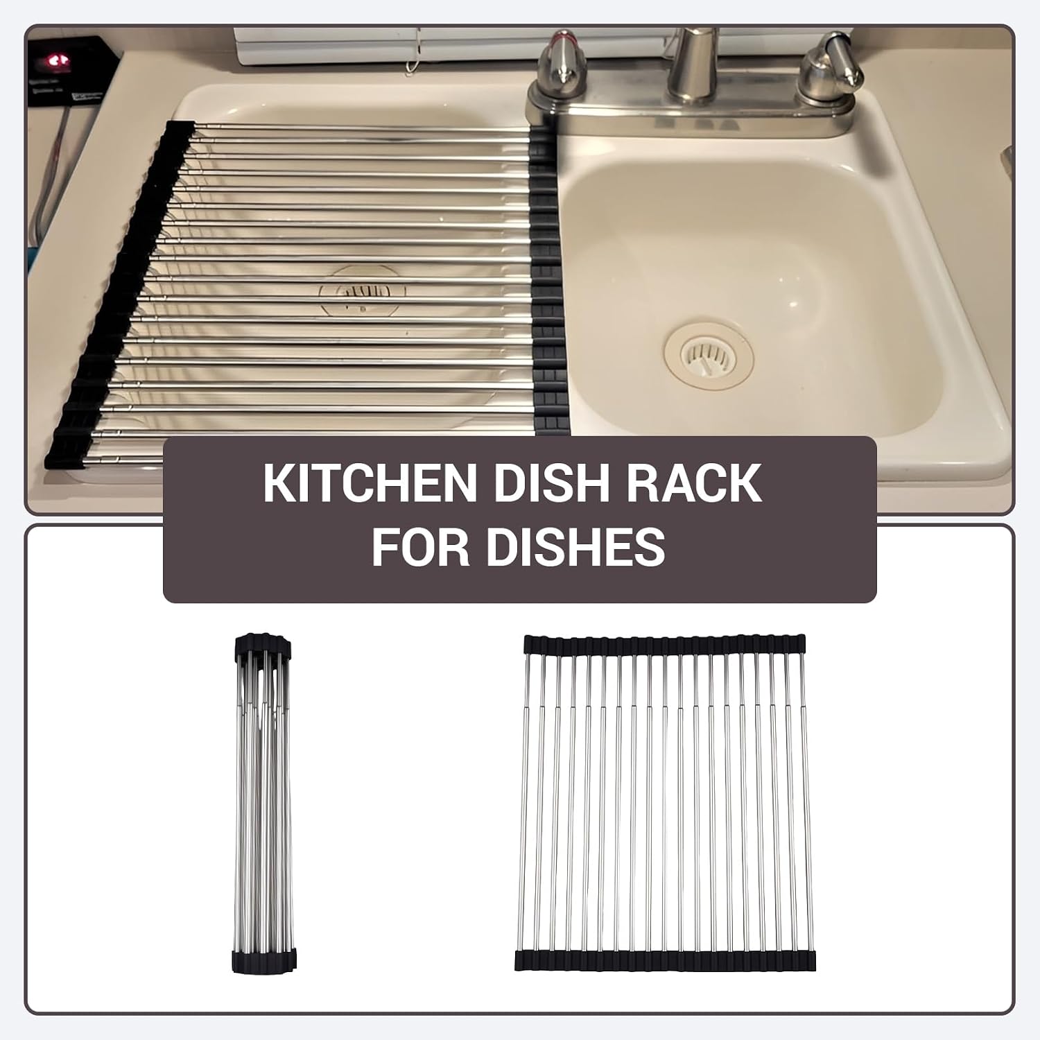 Heran Roll Up Dish Drying Rack – Expandable Stainless Steel Over The Sink Drainer, Foldable, Space-Saving, Sink Cover for Kitchen, Fruits & Vegetables, Black (12.99×14.57-23.62 in)