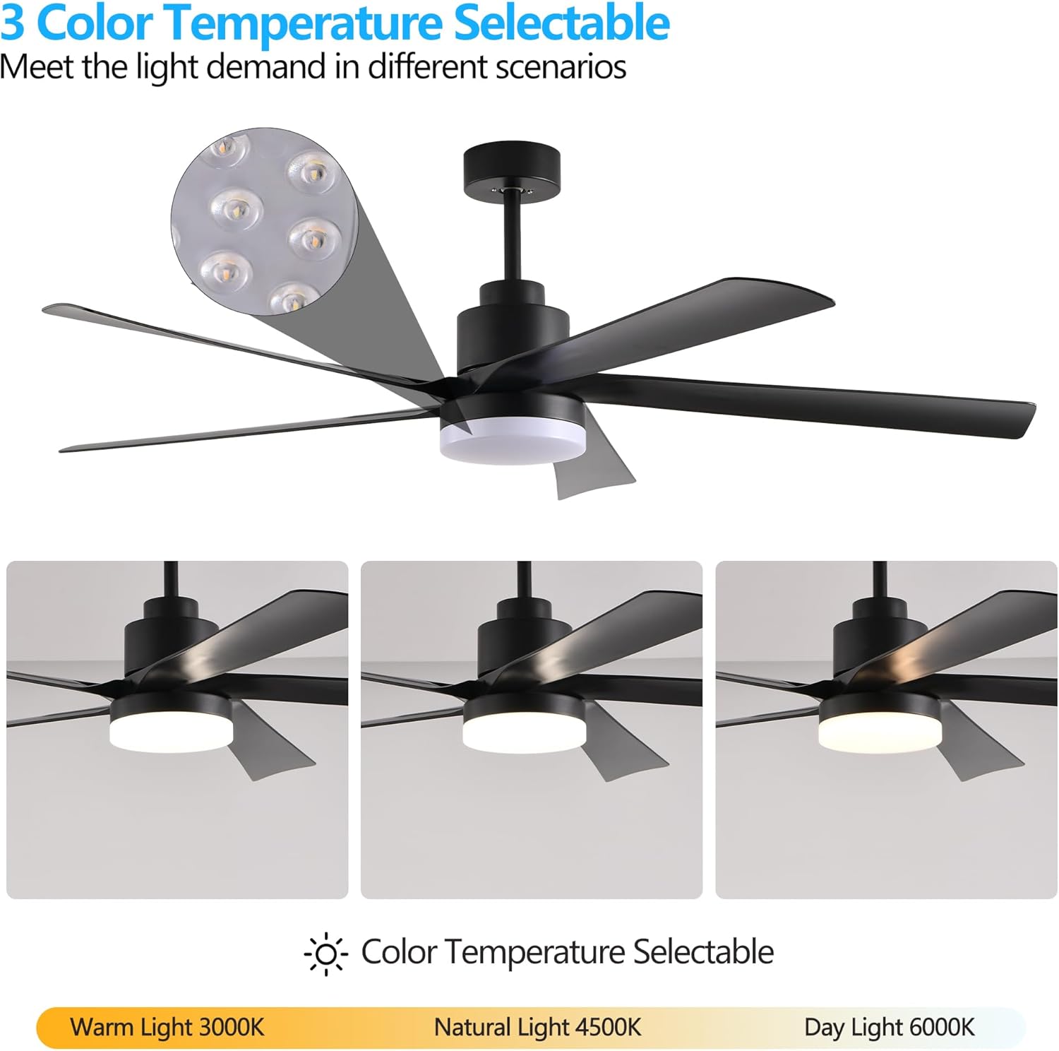 65 Inch Black Ceiling Fan with Light, 5-Blade Dimmable LED Ceiling Fan with Remote Control, Modern Quiet Design for Living Room and Bedroom (Silent/6-Speed/Reversible/DC Motor)
