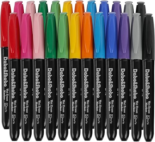 Dabo&Shobo Marcadores de borrado húmedo, 24 marcadores sin manchas, punta fina de 12 colores, se borran con agua. Marcador de borrado en húmedo con