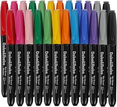 Dabo&Shobo Wet Erase Markers, 24-Count Smudge-Free Markers, 12 Colors Fine Tip, Erases With Water! Wet-Erase Low Odor Marker For Office