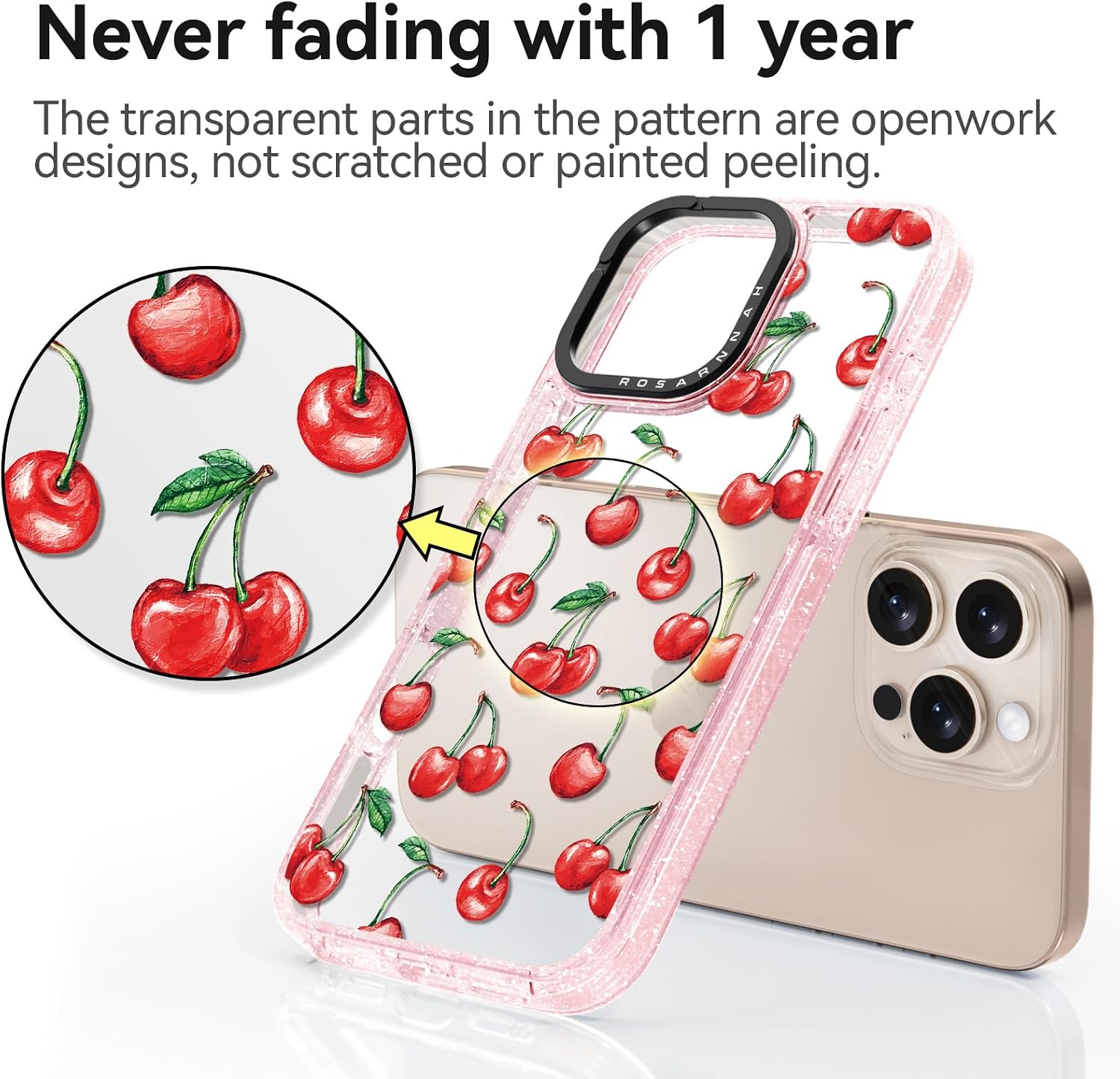 Rosarnnah for iPhone 16 Pro Max Case Cute - Durable Shockproof 6.6 ft Drop Impact Phone Case - Funny Cherry Design (6.9") Glitter Pink