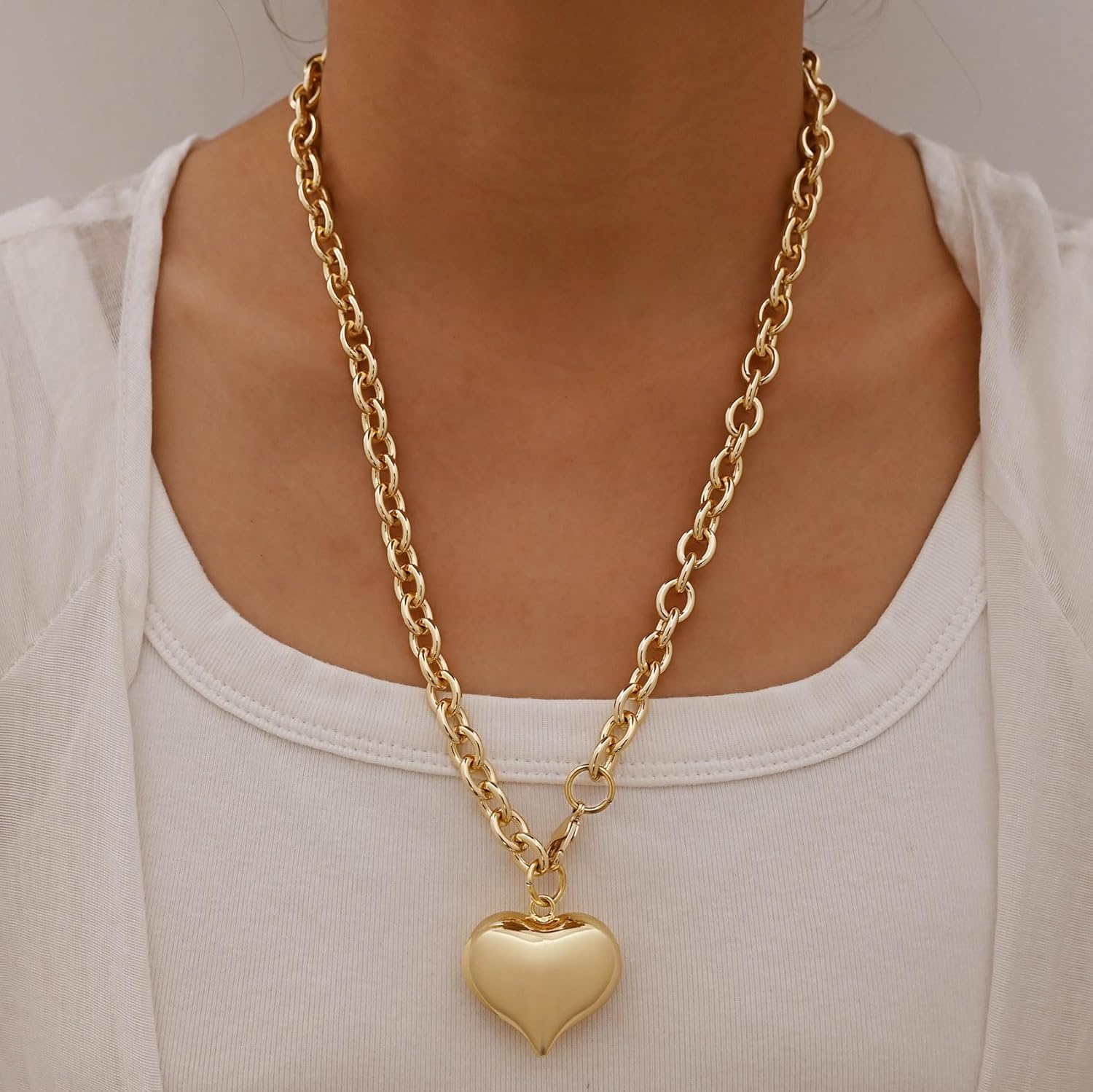 Gold Heart Necklace For women,18K Gold Plated Chunky Heart Pendant Nacklace Trendy Layer Long Heart Necklaces layered Puffy Heart Necklaces Statement Necklaces - Image 4