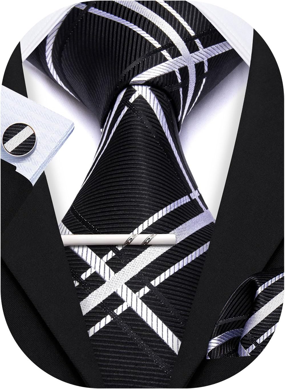 YOHOWA Men Plaid/Striped Ties Set Silk Business Wedding Formal Fashion Necktie and Pocket Square Cufflinks Set