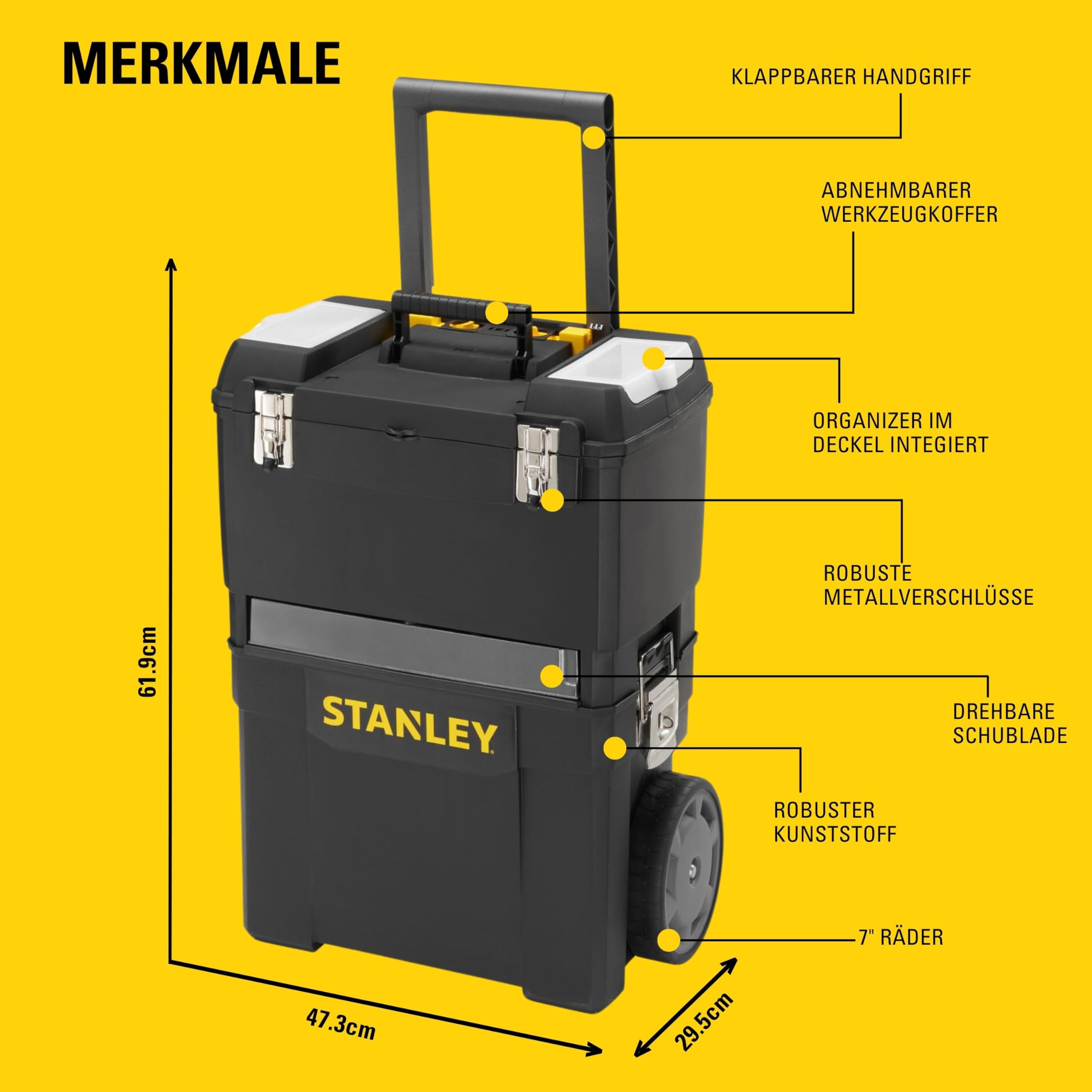 STANLEY Rollende Werkstatt, zwei separat verwendbare Werkzeugboxen, robuster Kunststoff, große Schwerlasträder, mit Metallschließen & Organizer im Deckel, 1-93-968