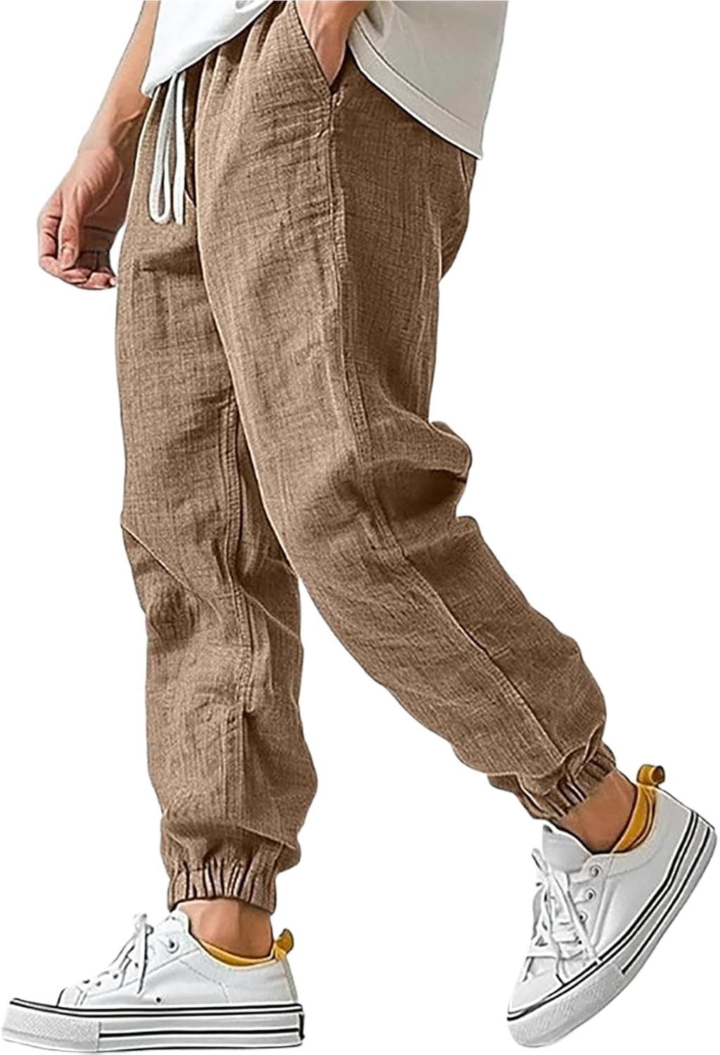 WENKOMG1 Cotton Linen Pants for Men Elastic Waist and Ankle Drawstring Baggy Style Lightweight Breathable Beach Pants