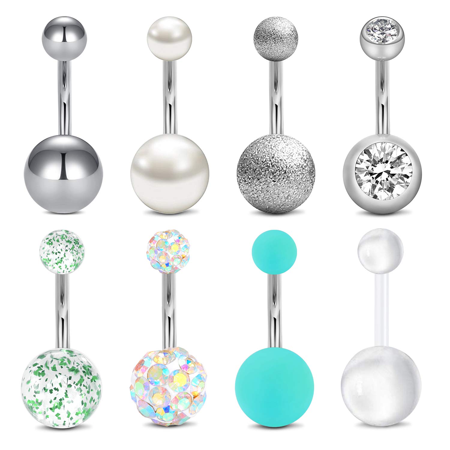 Rajnard Piercing Ombligo 14G 12mm 10mm Acero quirúrgico Bola de Cristal perlada de 3-8 Piezas