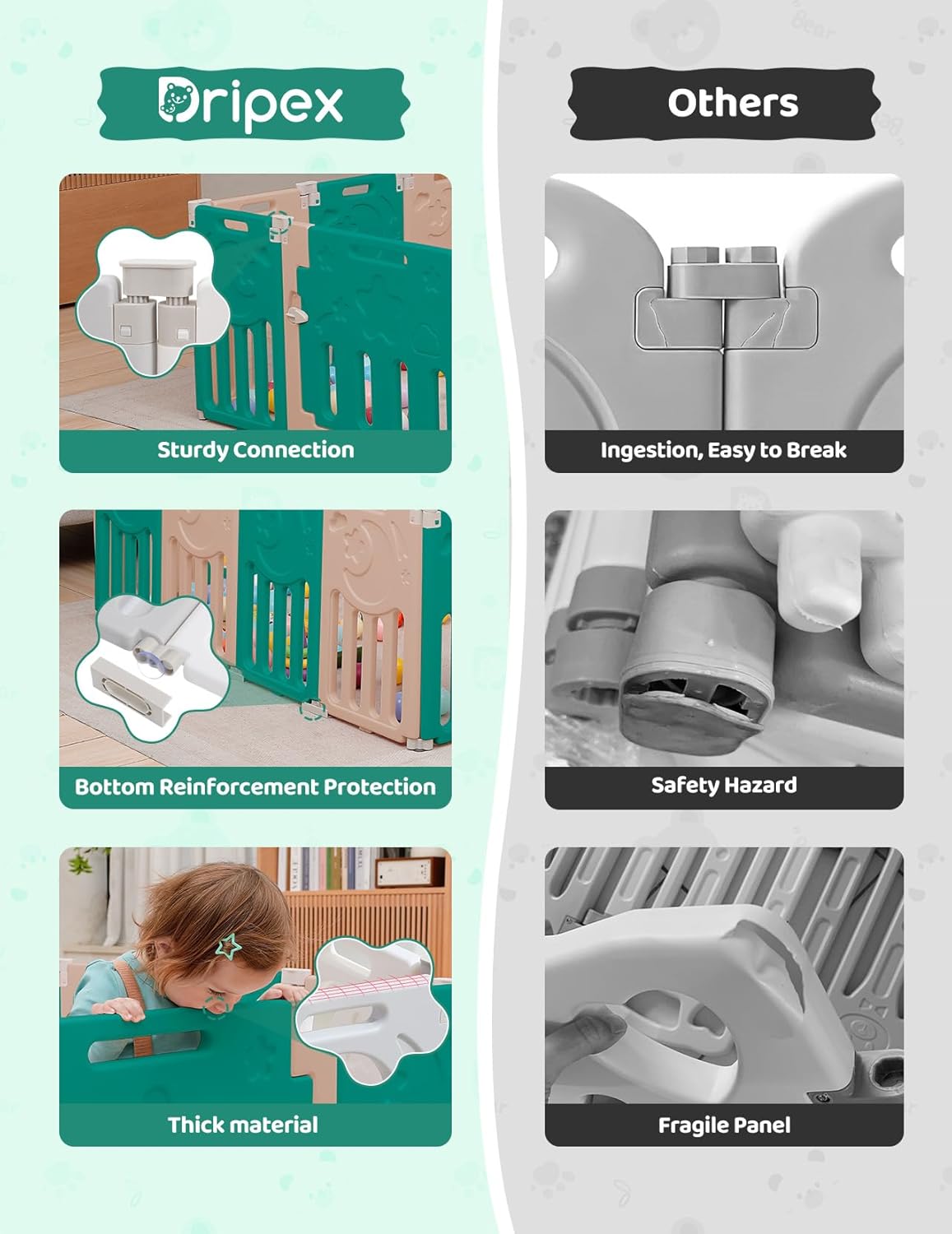 Baby Playpen, Dripex Baby Playard for Babies and Toddlers, 14-Panel Foldable Playpen Adjustable Portable Play Area, Indoor/Outdoor Kids Active Center with Game Panel & Safety Gate, Green Brown