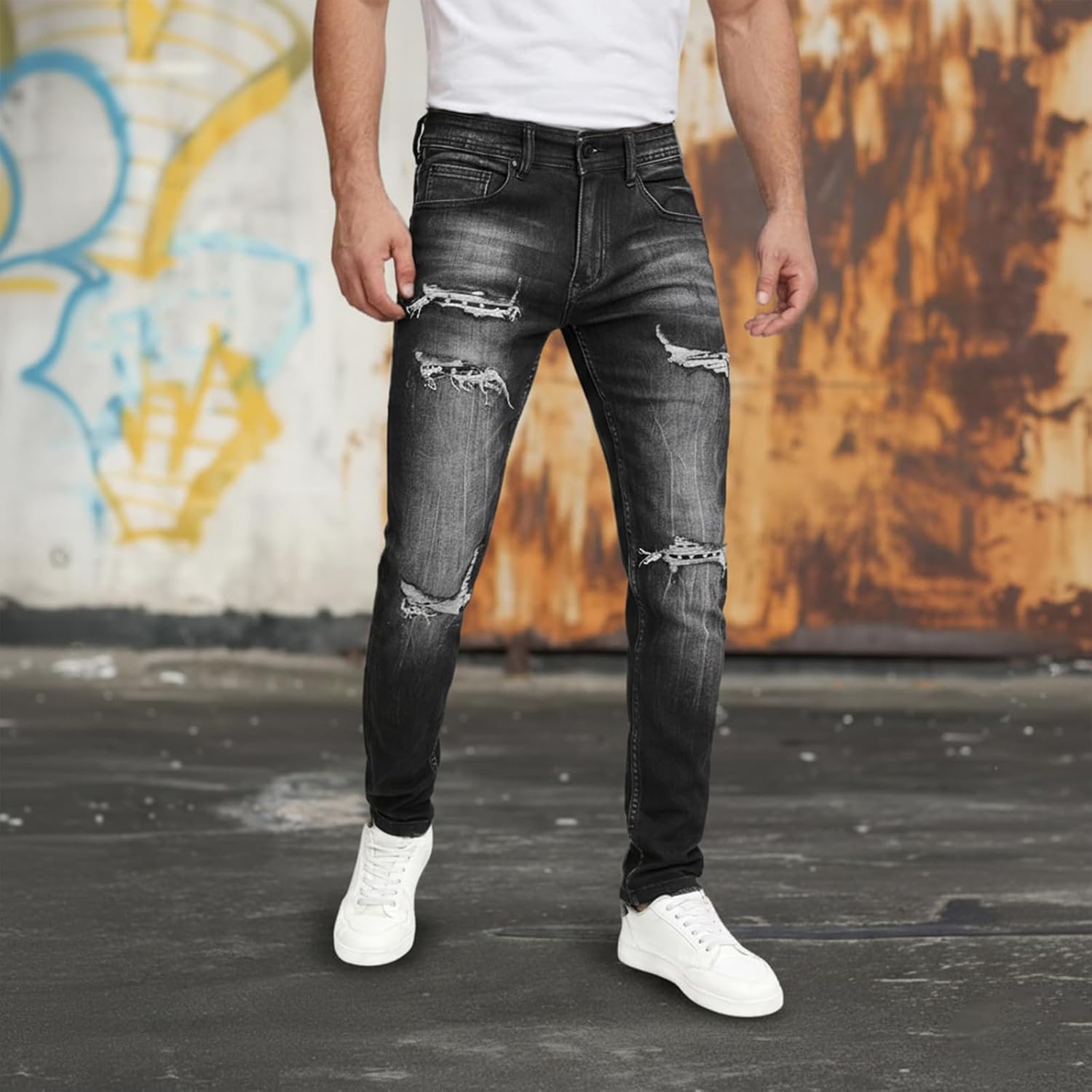 Men's Slim Fit Stretch Jeans Ripped Skinny Jeans for Men, Casual Straight Leg Streetwear Comfort Male Pants - Image 2