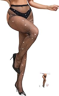 ohyeahlady Suspender Tights for Women Sexy Glitter Rhinestone Thigh High Fishnet Stockings Sheer Sparkly Garter Pantyhose XS-5XL