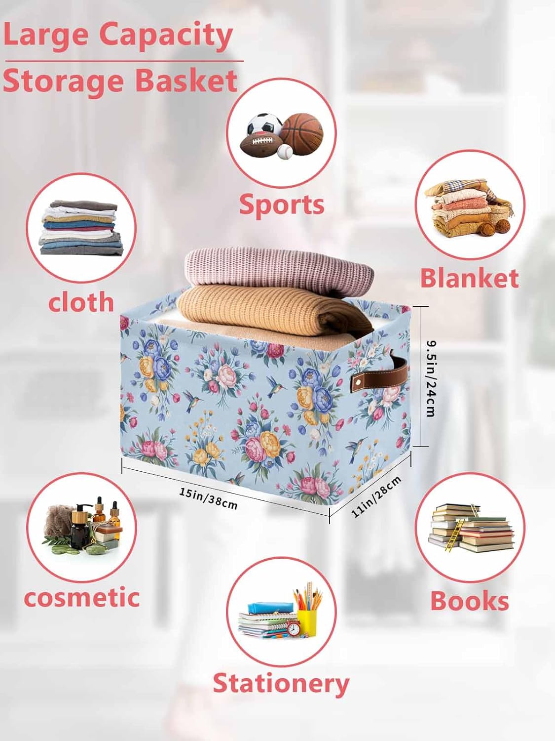 Flower and Bird Storage Basket for Shelves, Spring Floral Light Blue Storage Cube Fabric Storage Bins, Closet Organizers with Handles for Book, Toys, Cloth, 15"x11"x9.5", 2 Pack