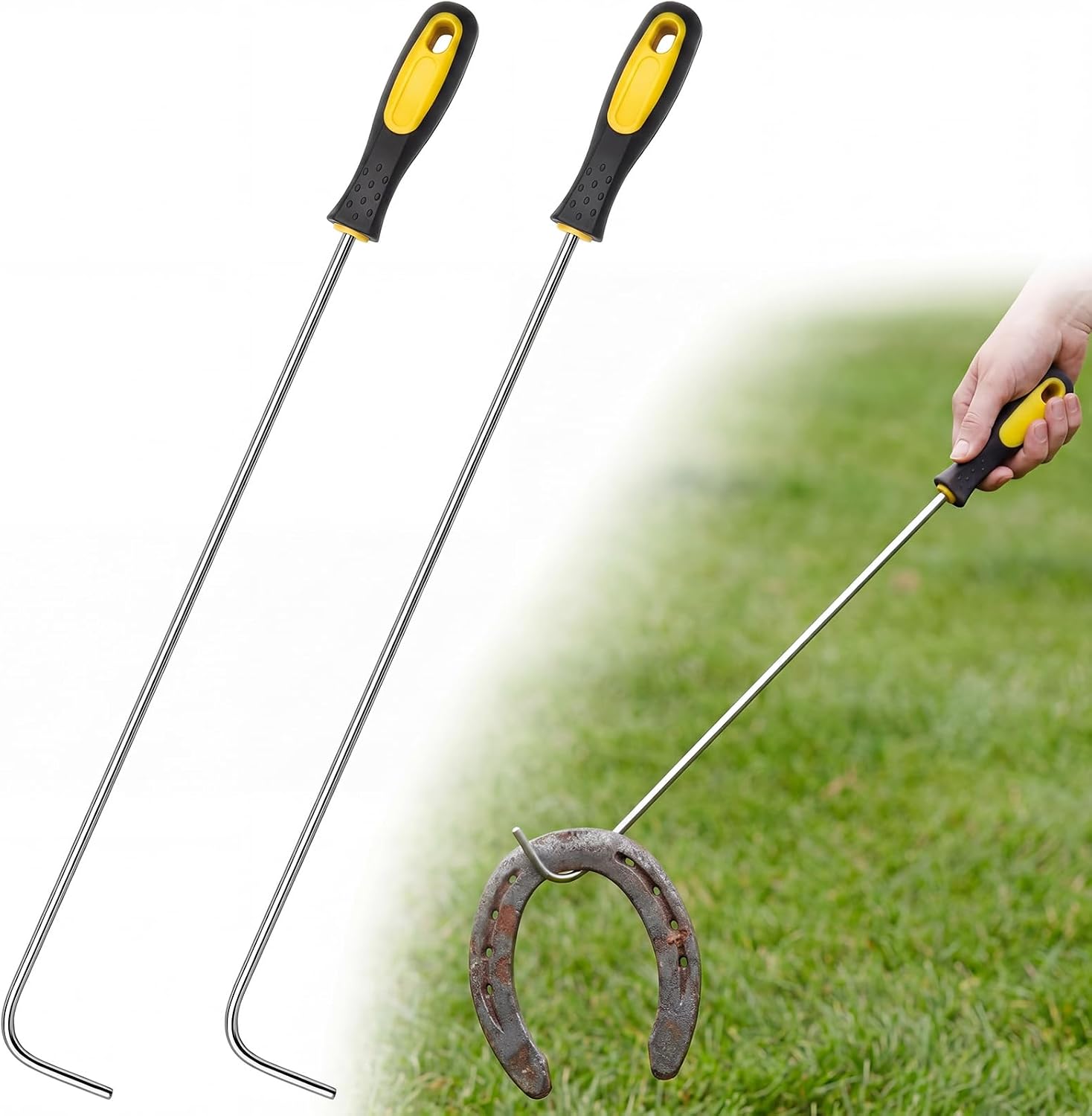 Arrowbash 2 Pcs 20 Inch Horseshoe Pick-up Hook with Stainless Steel Shaft, Ergonomic Grip Horseshoe Retriever, Portable Horse Shoe Pick up Stick for Outdoor Games