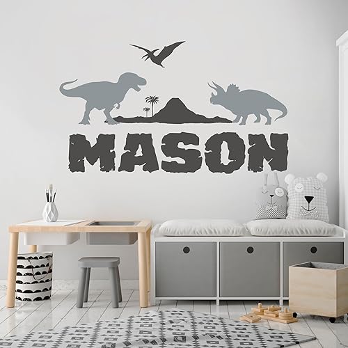 Calcomanía de pared personalizada de dinosaurios aventureros, calcomanía de vinilo con nombre personalizado, nombre personalizado para niños,