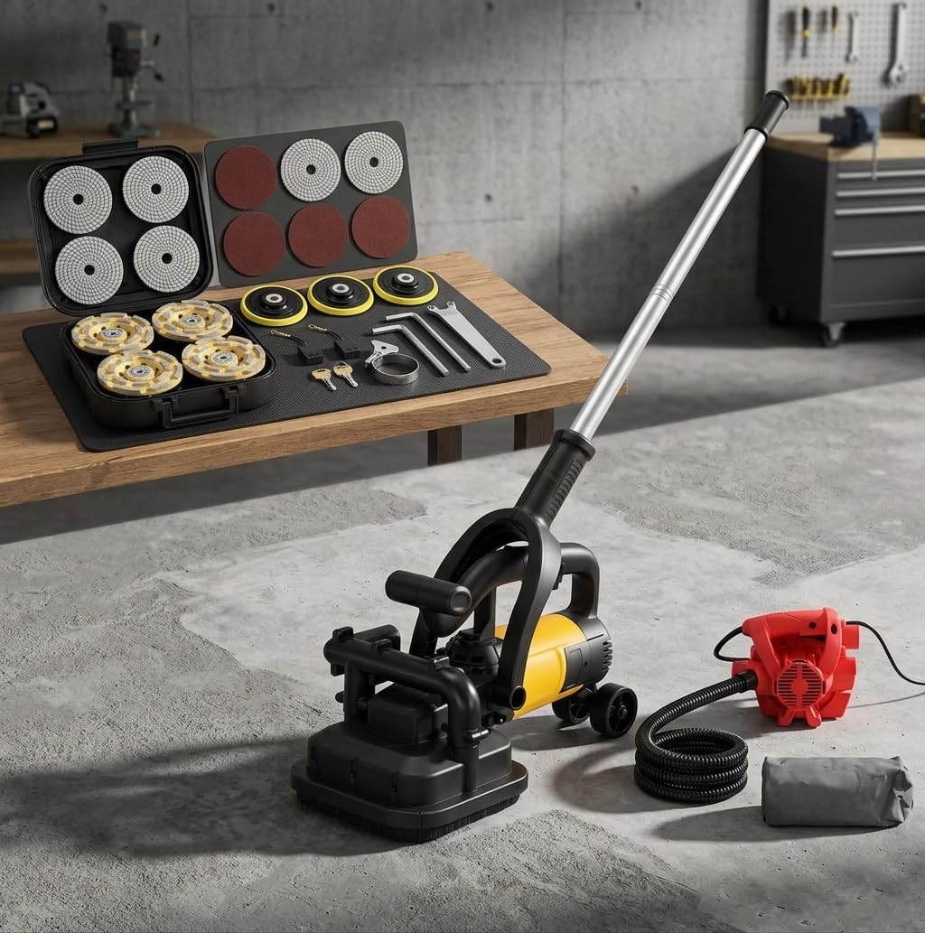 Pulidora de Pisos de concreto de 4 Cabezales y 3800 W con Varilla Extensible, pulidora de Pisos de concreto de 4 Pulgadas con Cubierta de extracción de Polvo, 6 velocidades, 6000 RPM