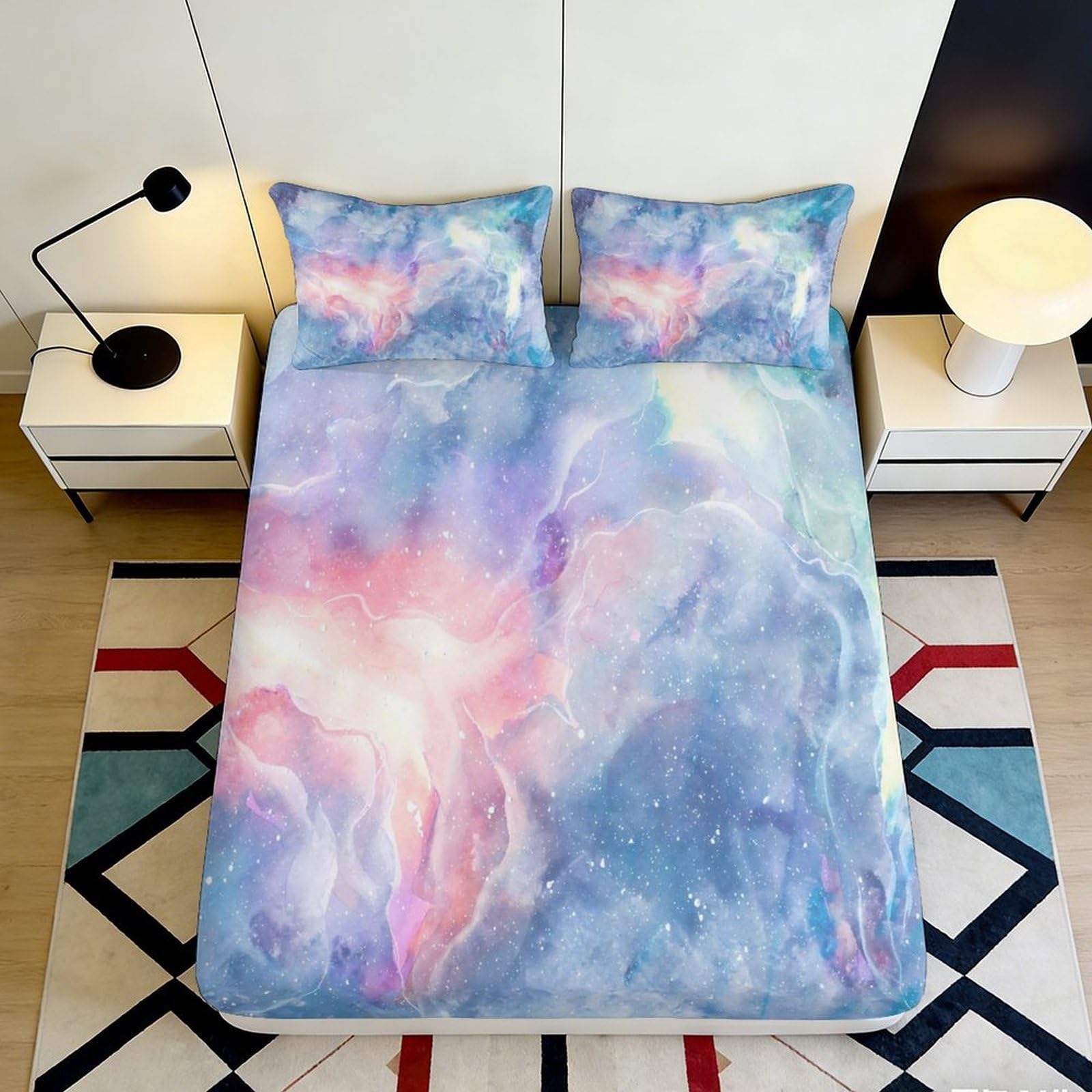 3D Printed Galaxy Starry Sky Fitted Sheet Microfiber Soft Pastel Cosmic Nebula Bed Cover Bedroom Decor 90x200x25cm