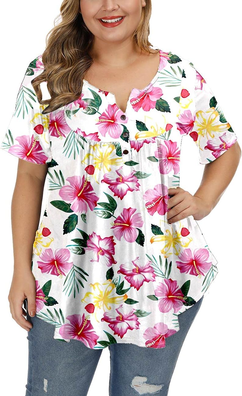 ALLEGRACE Women's Plus Size Summer Blouses Henley V Neck Button Up Tunic Tops Ruffle Flowy Short Sleeve T Shirts