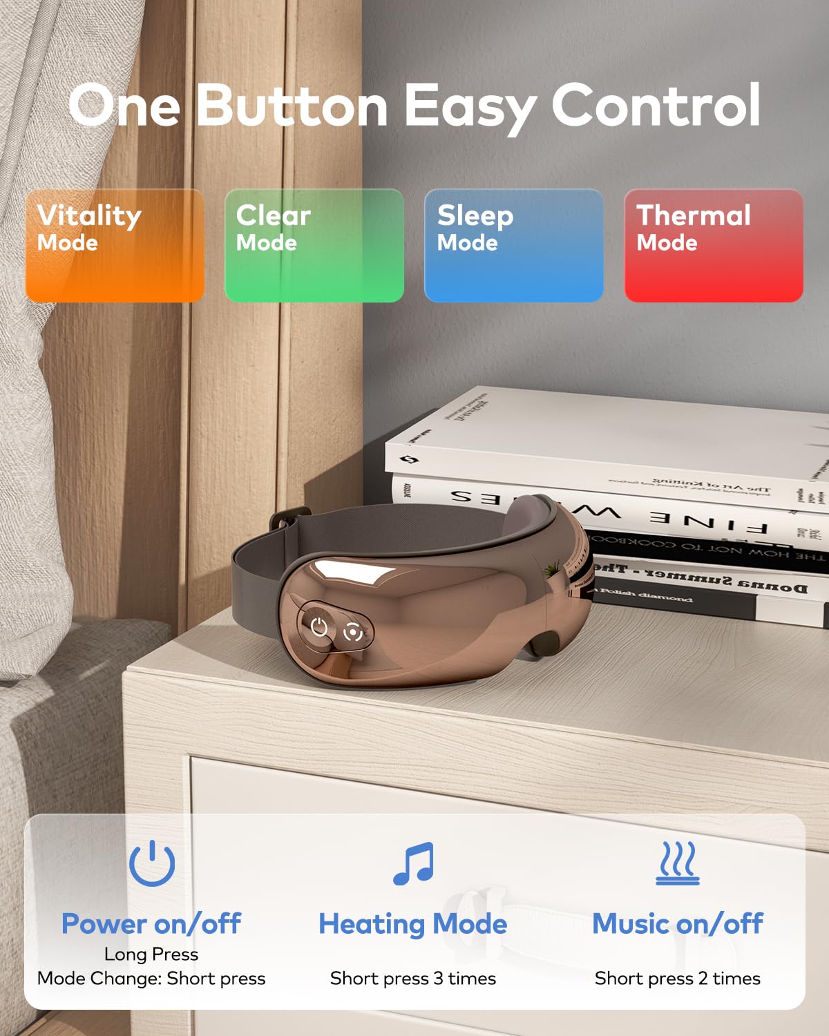 llano Masajeador de Ojos con Calor, Masaje Vibratorio, Bluetooth Integrado, 4 modos, Pantalla Translúcida, Diseño Ergonómico en 3D y Plegable (Glossy Brown)