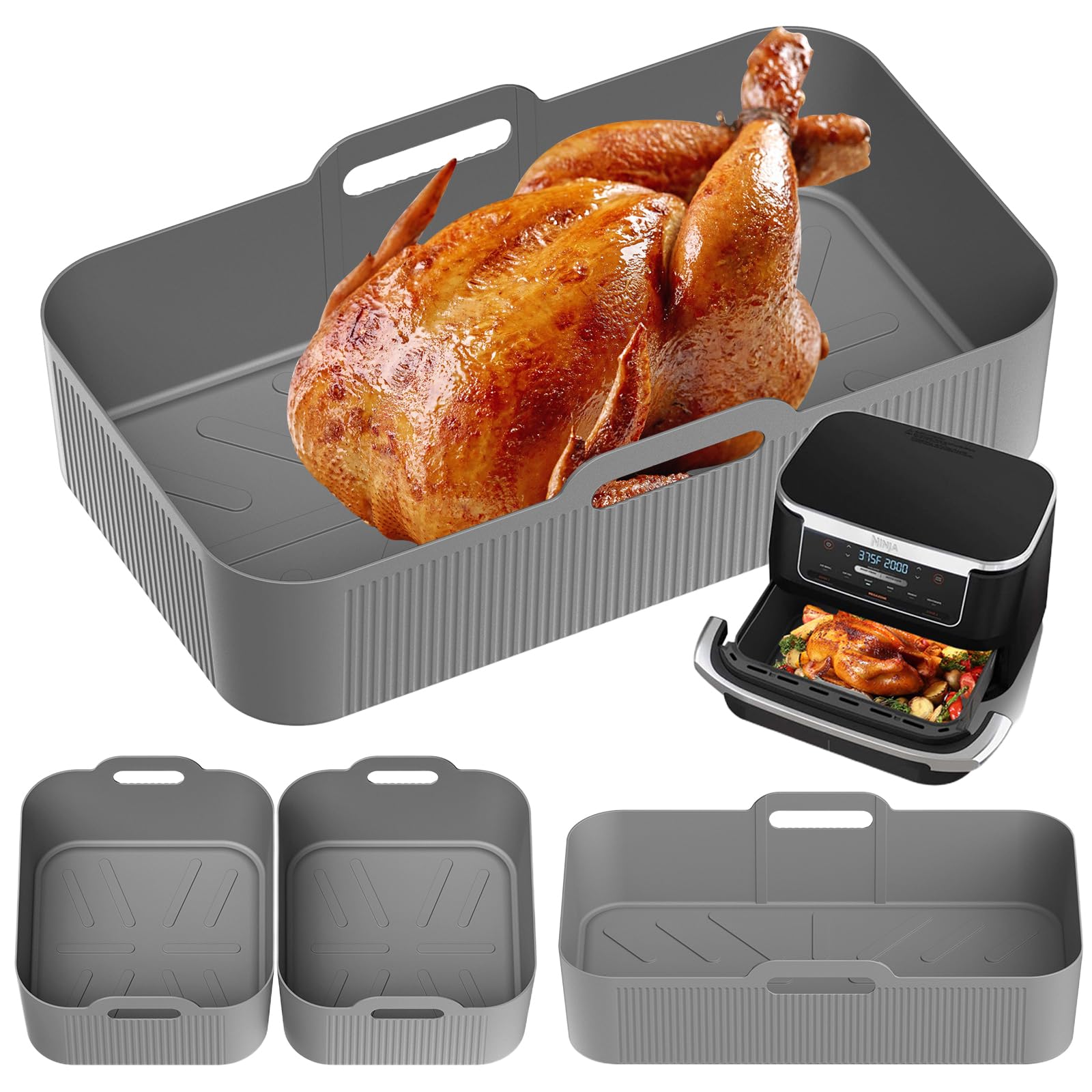 MKNZOME Air Fryer Silicone Liners Ninja Foodi Air Fryer AF500UK, 3PCS Square Reusable Air Fryer Liners, Food Grade Air Fryer Baking Tray Liners Basket Set, Non-Stick & Greaseproof & Dishwasher Safe